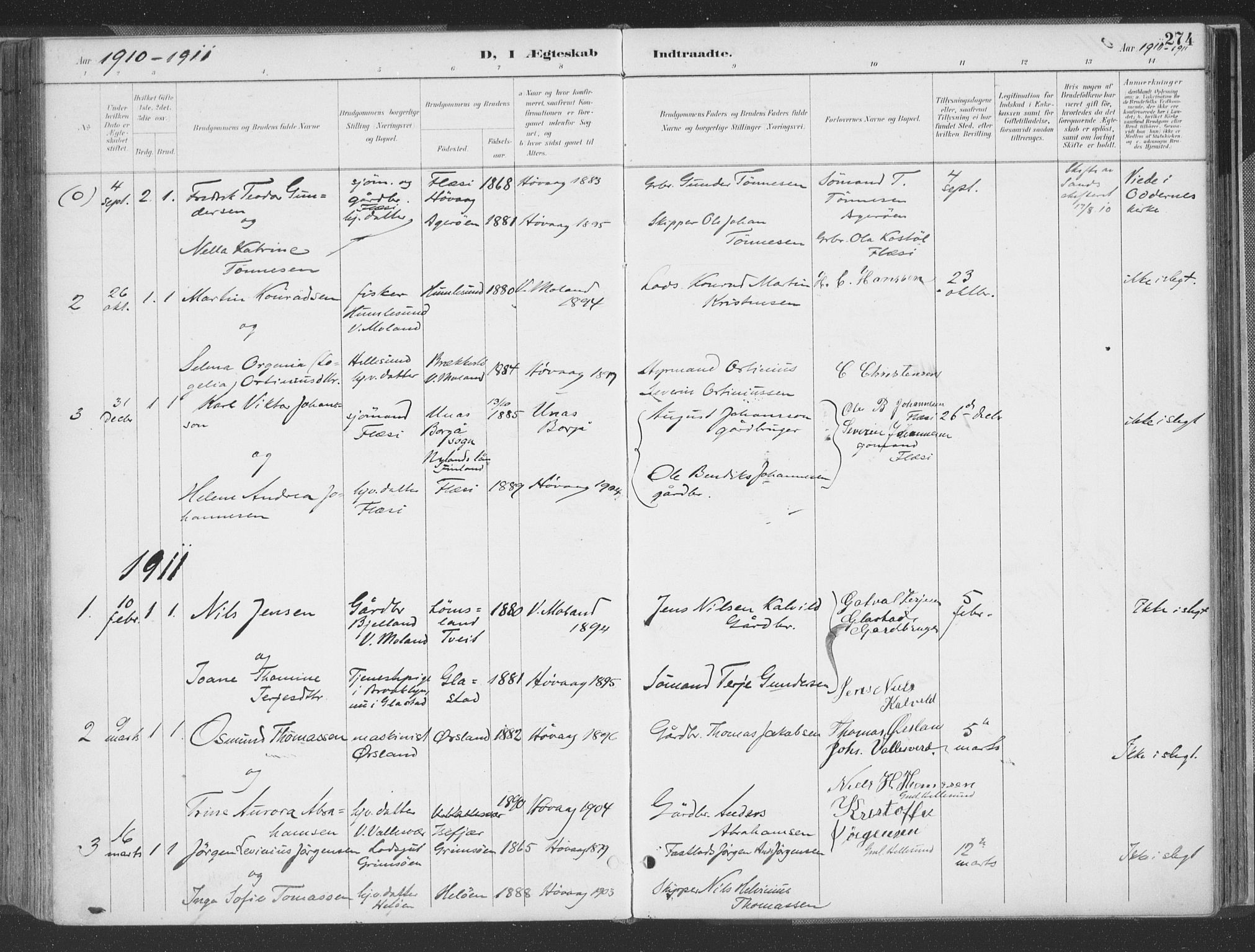 Høvåg sokneprestkontor, SAK/1111-0025/F/Fa/L0006: Parish register (official) no. A 6, 1894-1923, p. 274