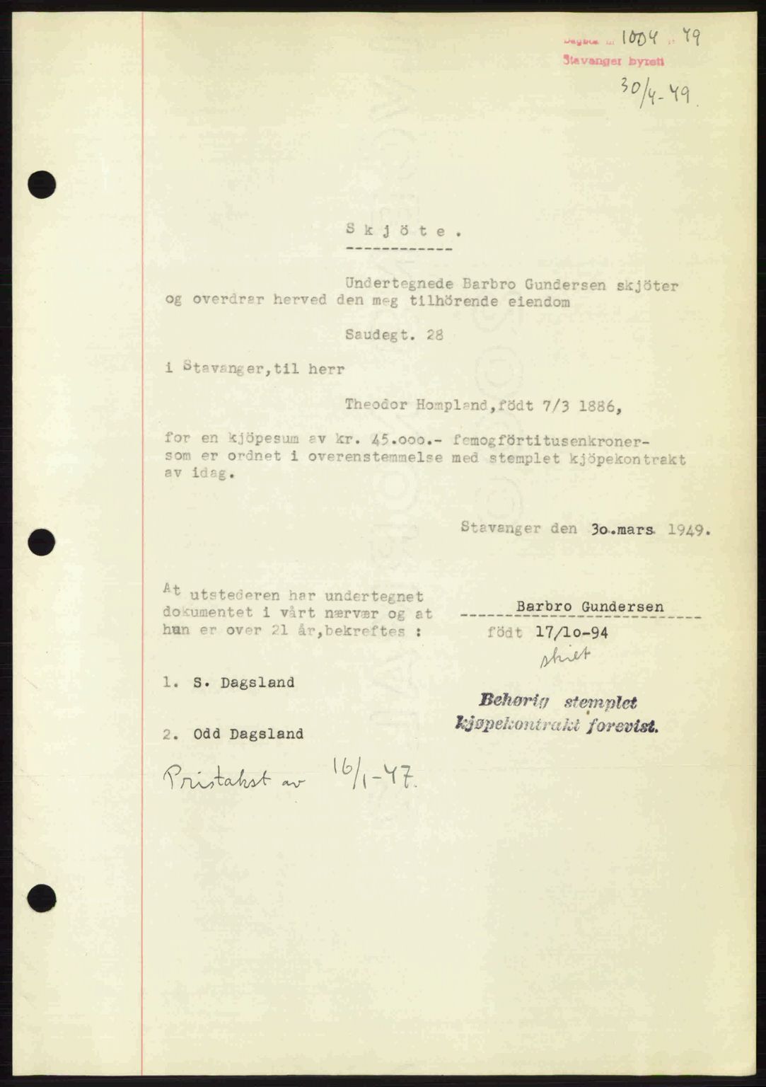 Stavanger byrett, SAST/A-100455/002/G/Gb/L0023: Mortgage book no. A12, 1948-1949, Diary no: : 1004/1949