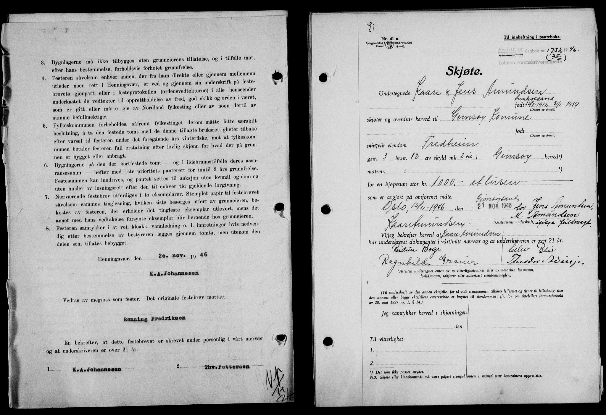 Lofoten sorenskriveri, SAT/A-0017/1/2/2C/L0015a: Mortgage book no. 15a, 1946-1947, Diary no: : 1752/1946