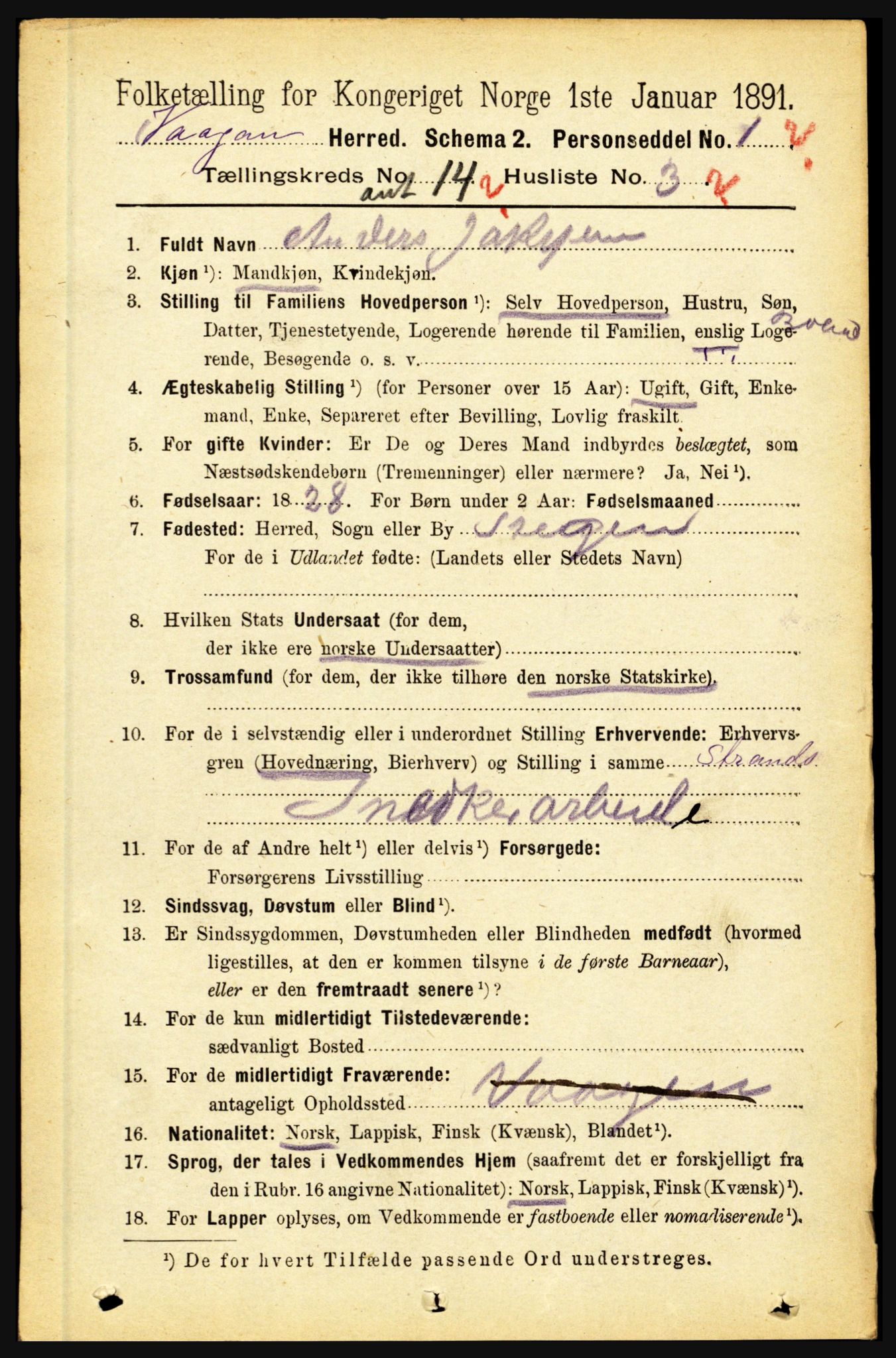 RA, 1891 census for 1865 Vågan, 1891, p. 3666