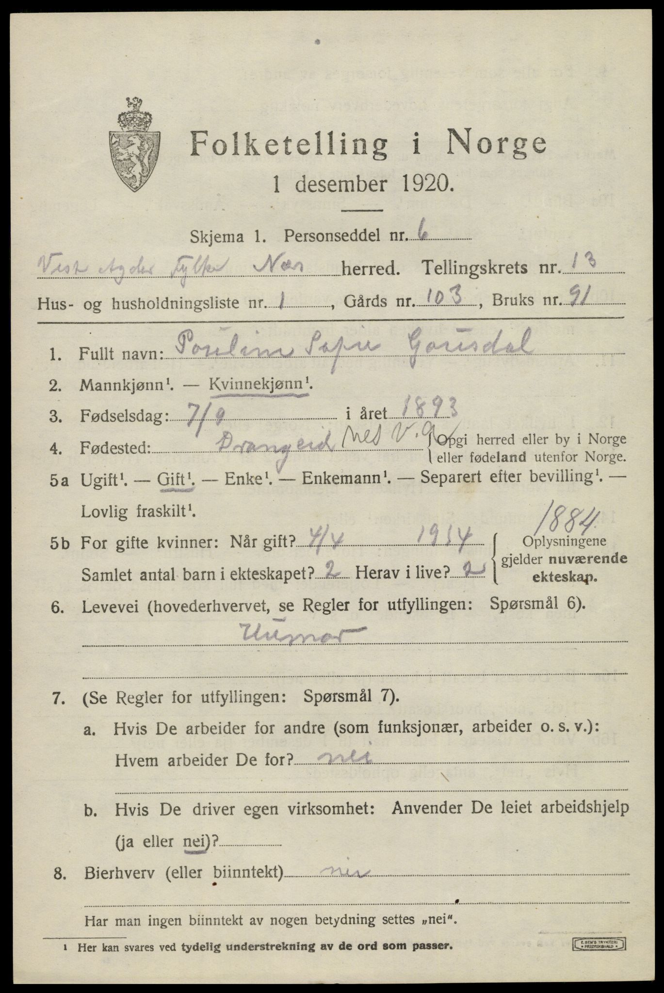 SAK, 1920 census for Nes (V-A), 1920, p. 4844