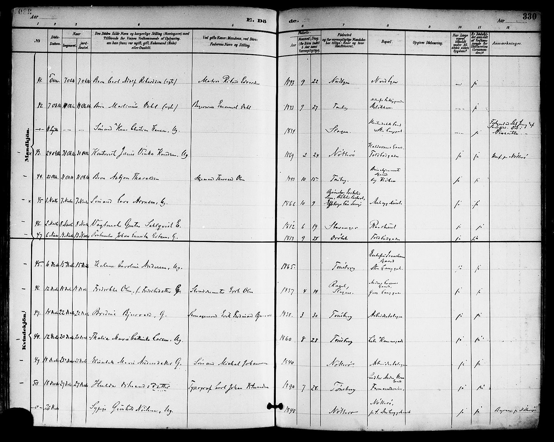 Tønsberg kirkebøker, SAKO/A-330/F/Fa/L0012: Parish register (official) no. I 12, 1891-1899, p. 330