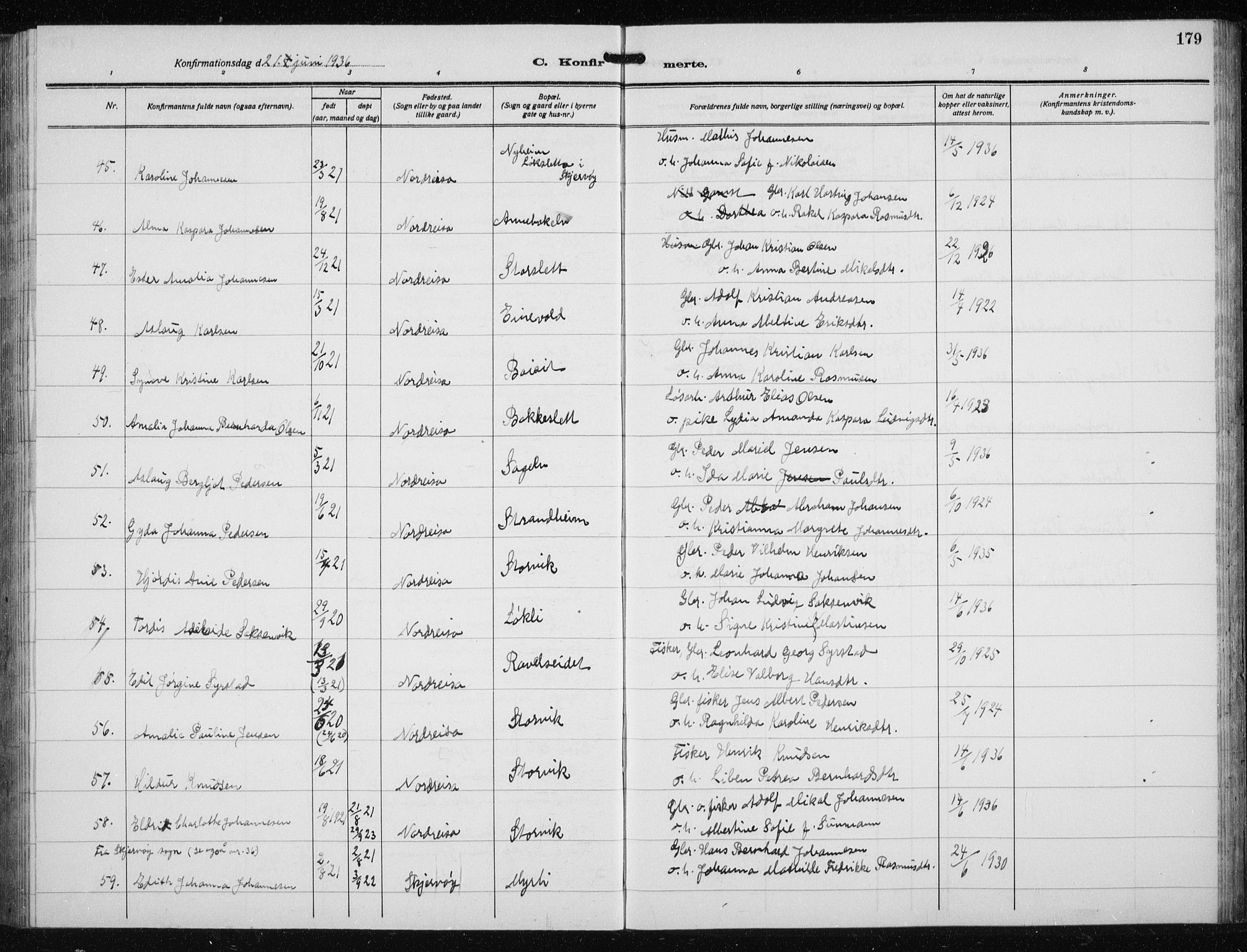 Skjervøy sokneprestkontor, SATØ/S-1300/H/Ha/Hab/L0023klokker: Parish register (copy) no. 23, 1927-1943, p. 179