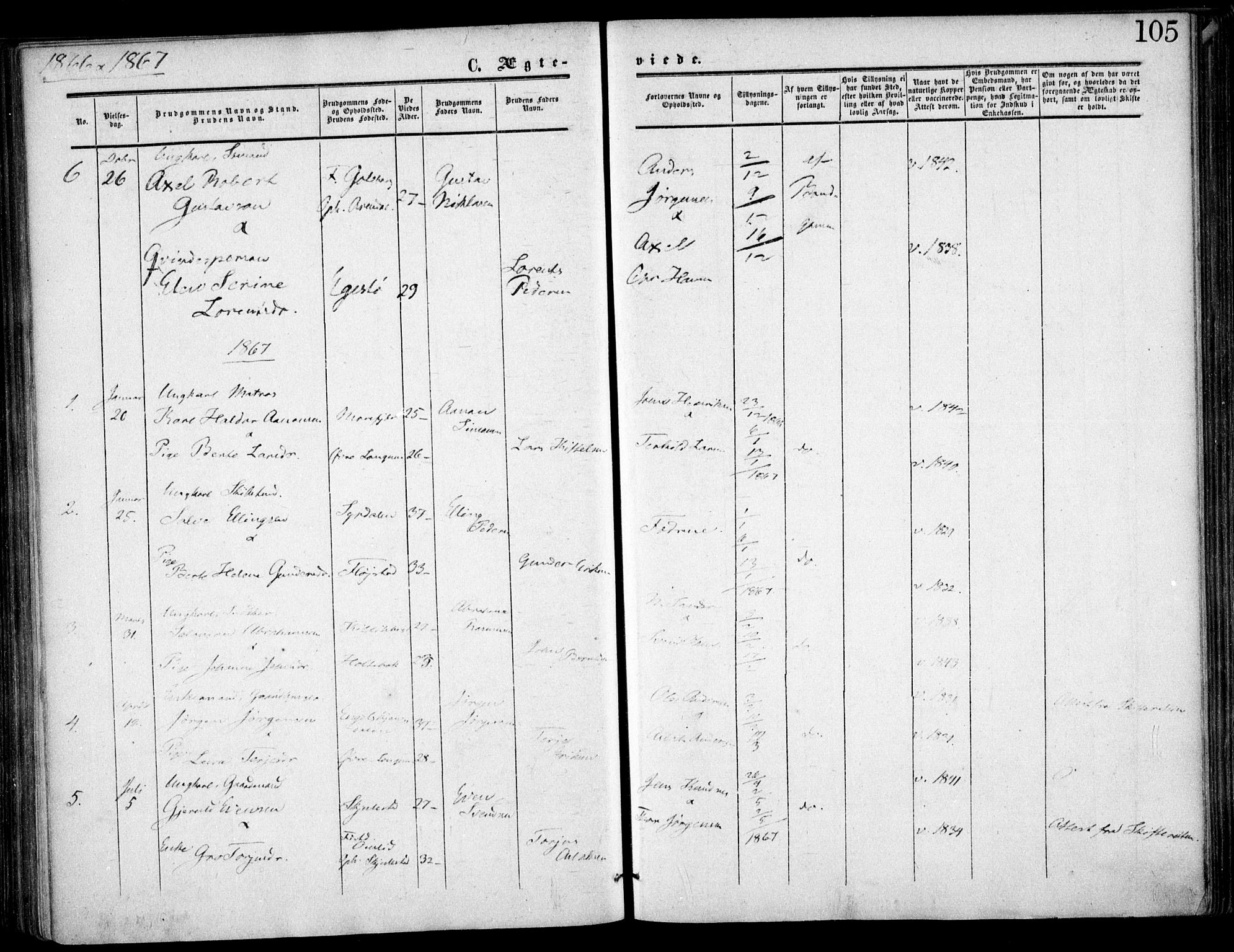 Austre Moland sokneprestkontor, SAK/1111-0001/F/Fa/Faa/L0008: Parish register (official) no. A 8, 1858-1868, p. 105