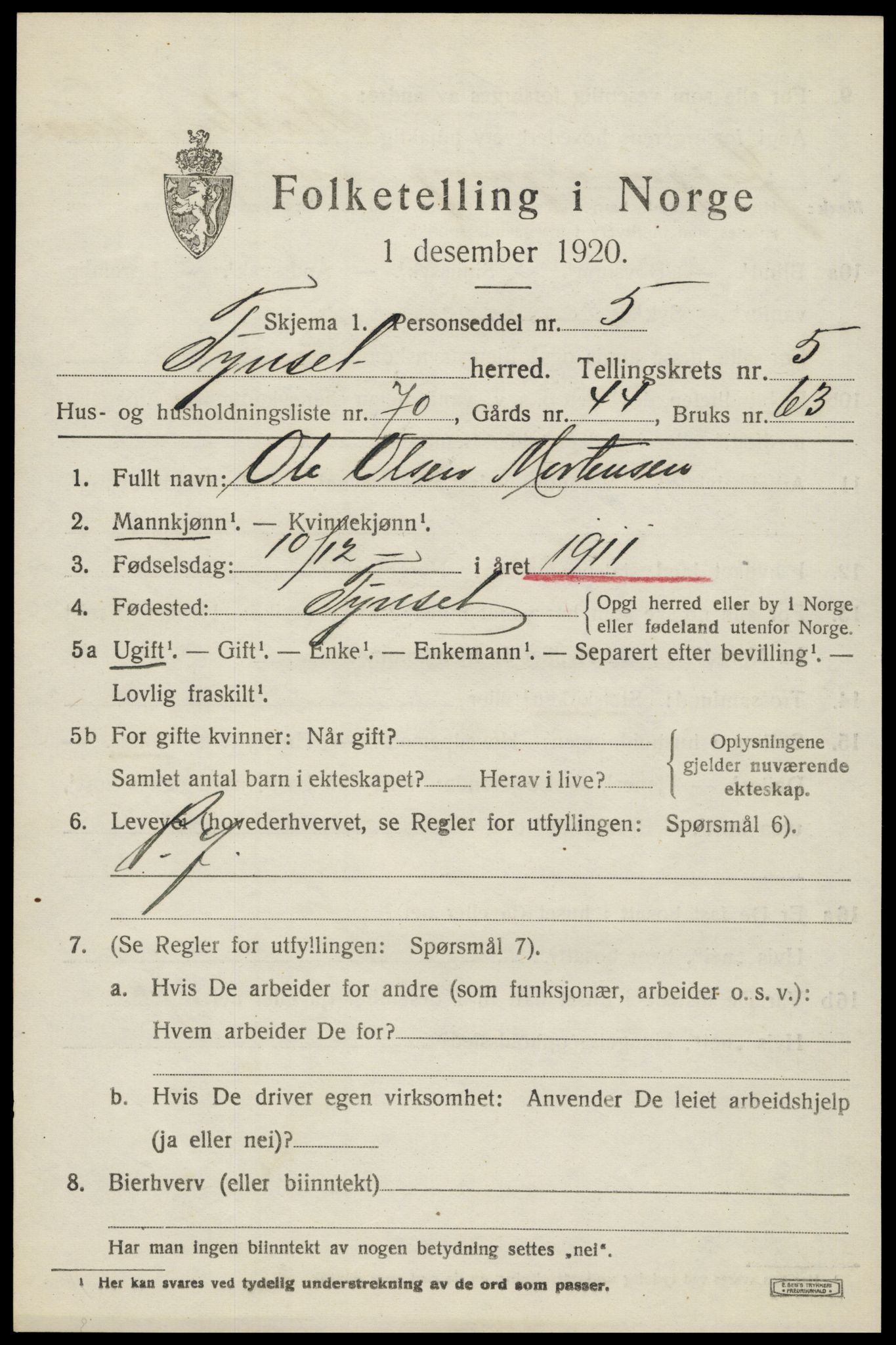 SAH, 1920 census for Tynset, 1920, p. 5230