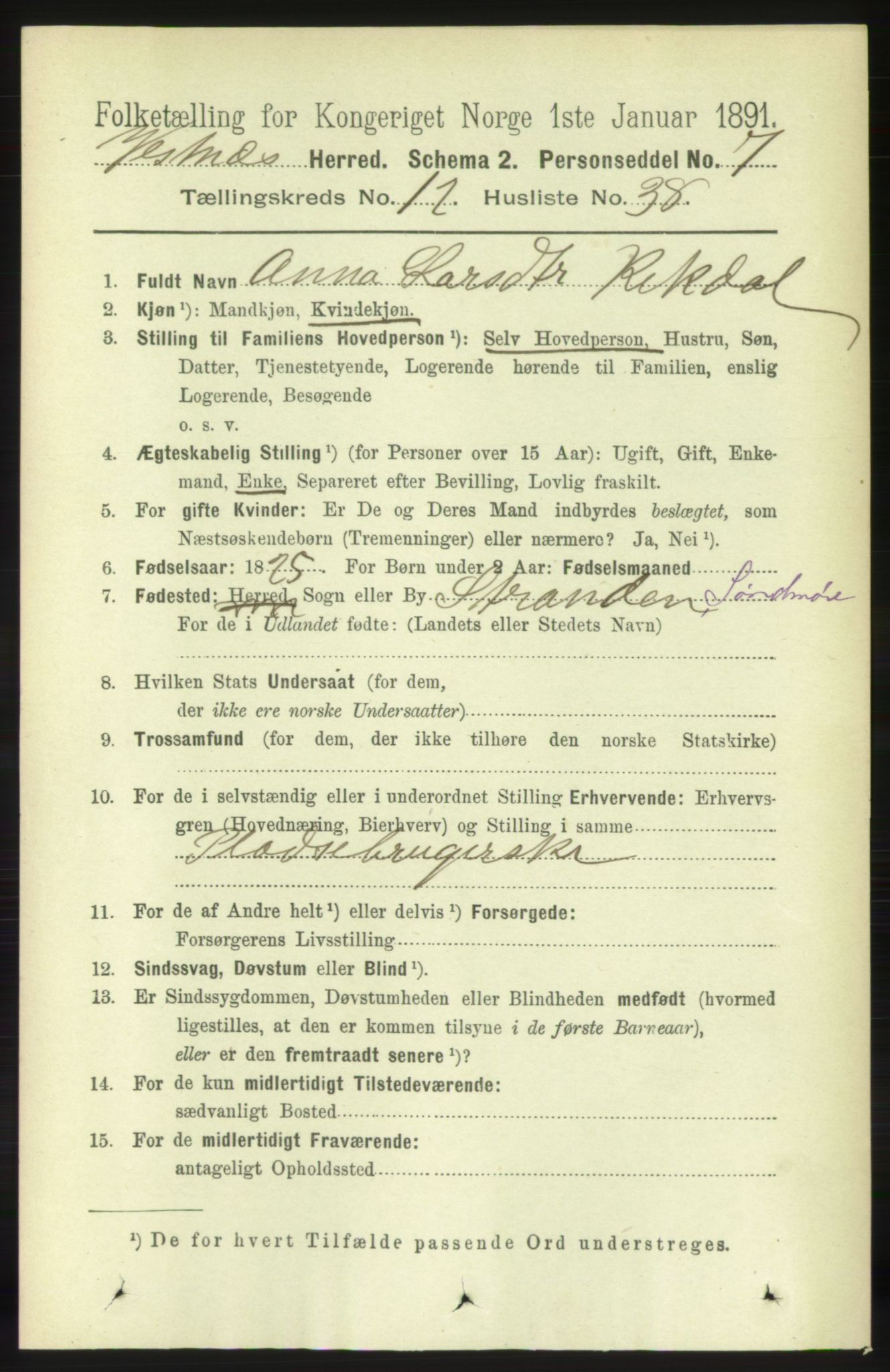 RA, 1891 census for 1535 Vestnes, 1891, p. 4636