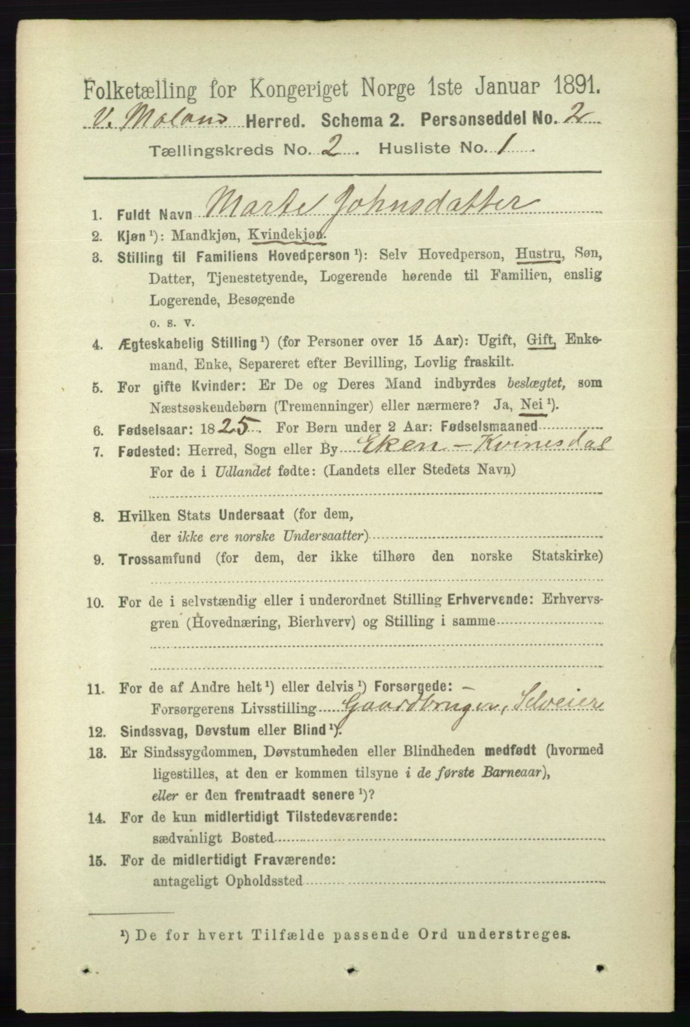 RA, 1891 census for 0926 Vestre Moland, 1891, p. 628