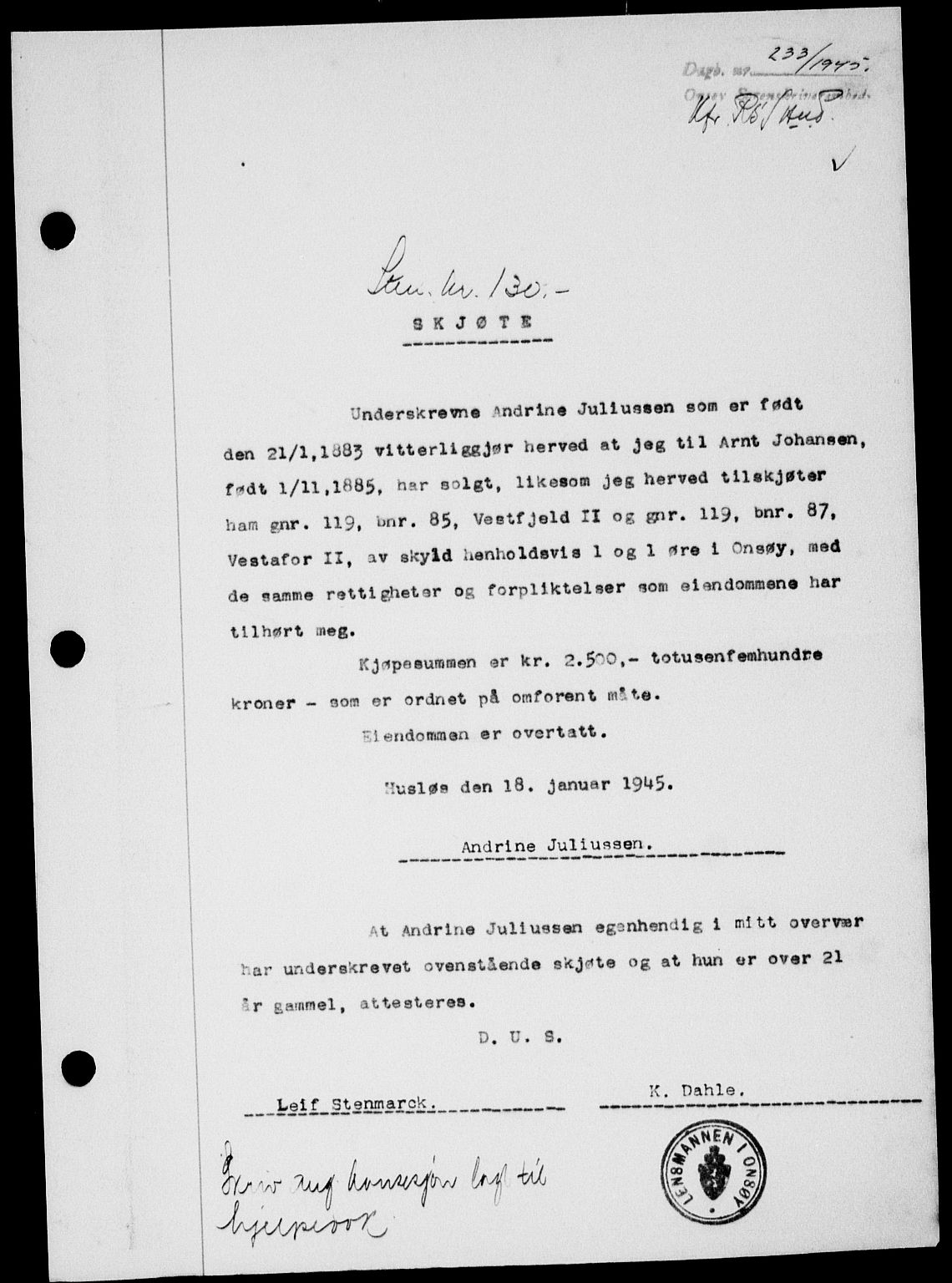 Onsøy sorenskriveri, AV/SAO-A-10474/G/Ga/Gab/L0014: Mortgage book no. II A-14, 1944-1945, Diary no: : 233/1945