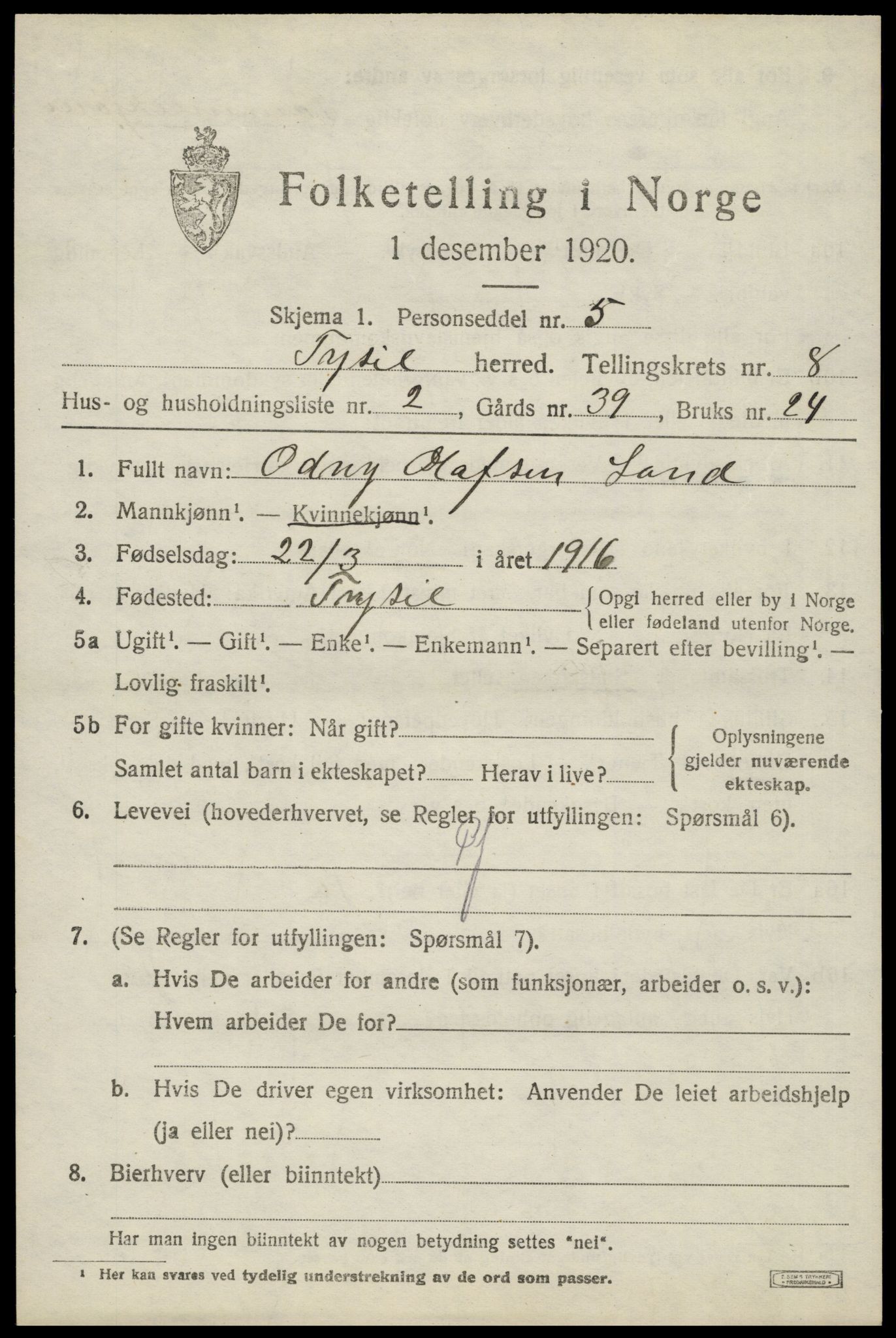 SAH, 1920 census for Trysil, 1920, p. 6241