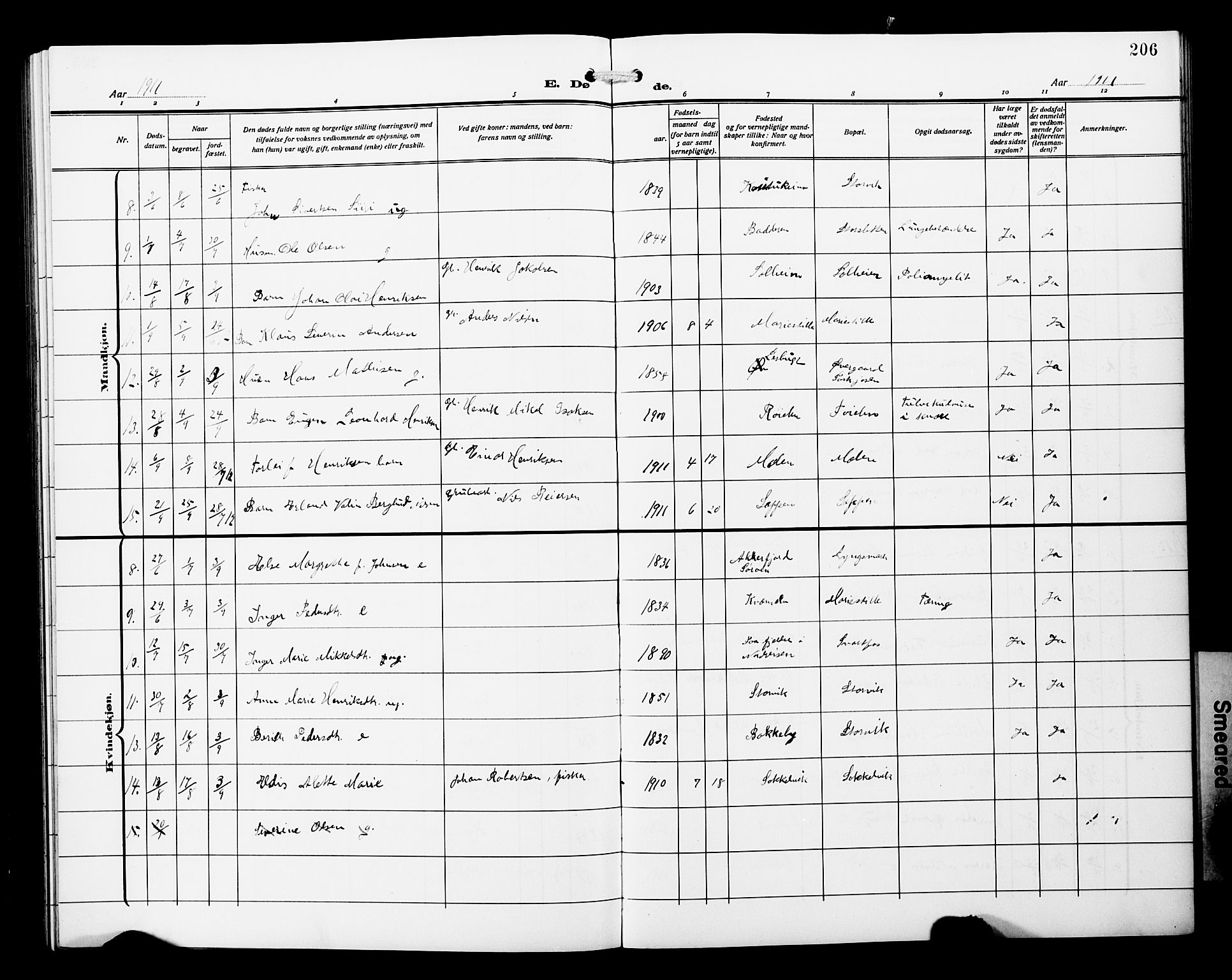 Skjervøy sokneprestkontor, AV/SATØ-S-1300/H/Ha/Hab/L0022klokker: Parish register (copy) no. 22, 1910-1926, p. 206