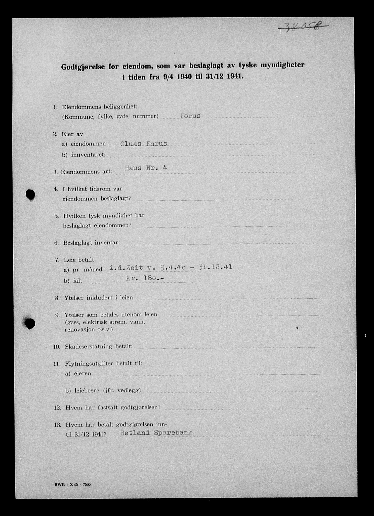 Justisdepartementet, Tilbakeføringskontoret for inndratte formuer, AV/RA-S-1564/I/L1015: Godtgjørelse for beslaglagt eiendom, 1940-1941, p. 451