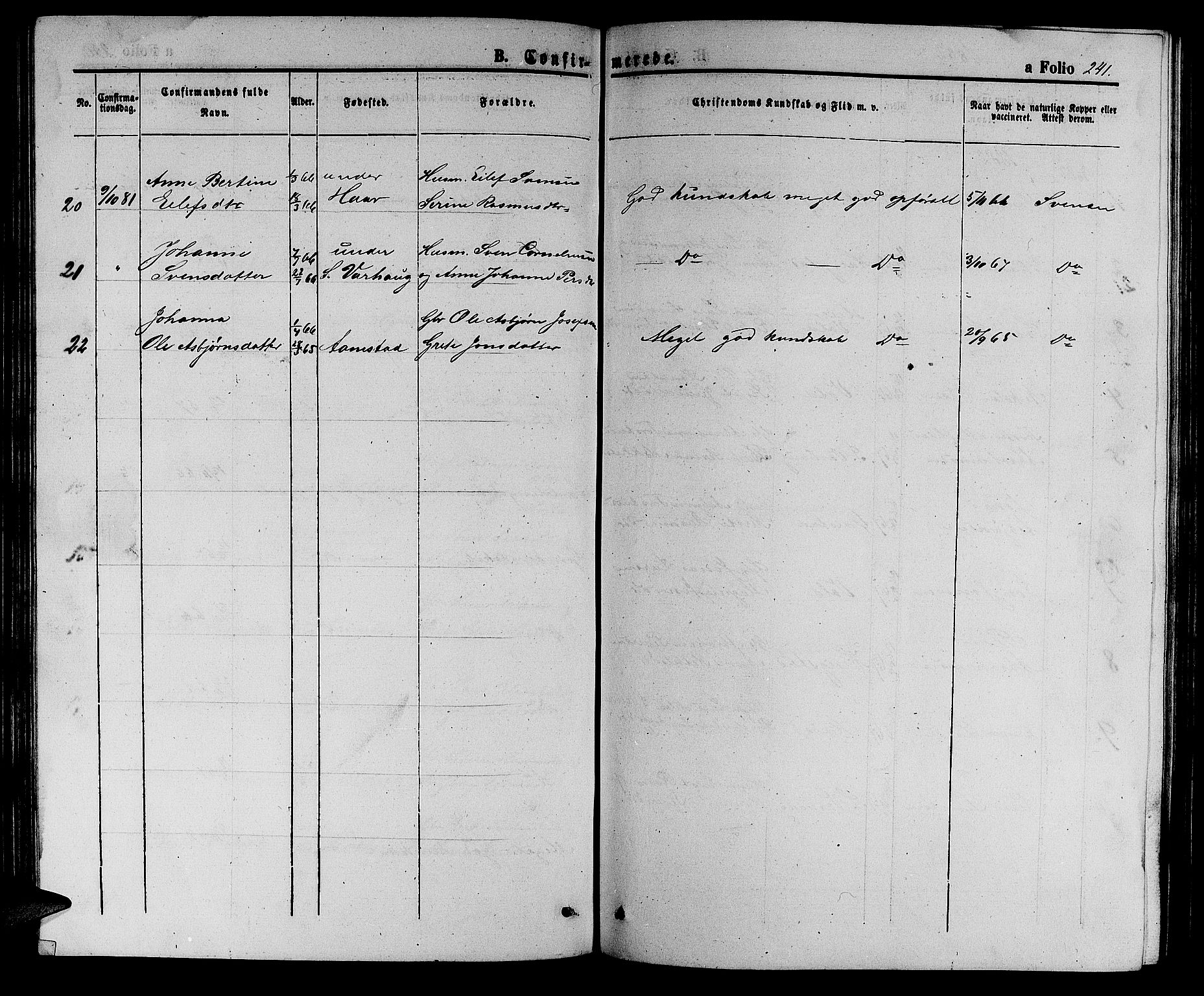 Hå sokneprestkontor, SAST/A-101801/001/30BB/L0002: Parish register (copy) no. B 2, 1854-1883, p. 241