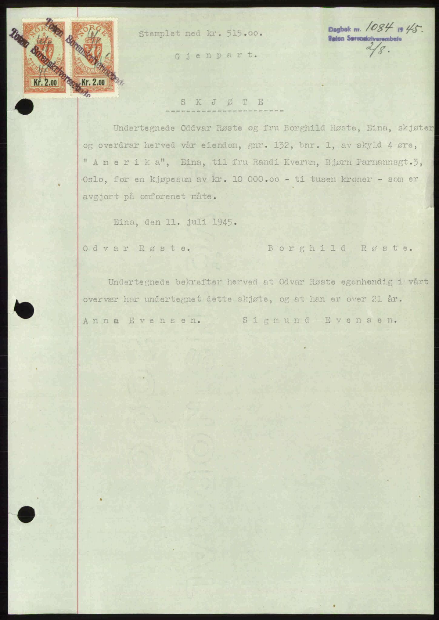 Toten tingrett, SAH/TING-006/H/Hb/Hbc/L0013: Mortgage book no. Hbc-13, 1945-1945, Diary no: : 1084/1945