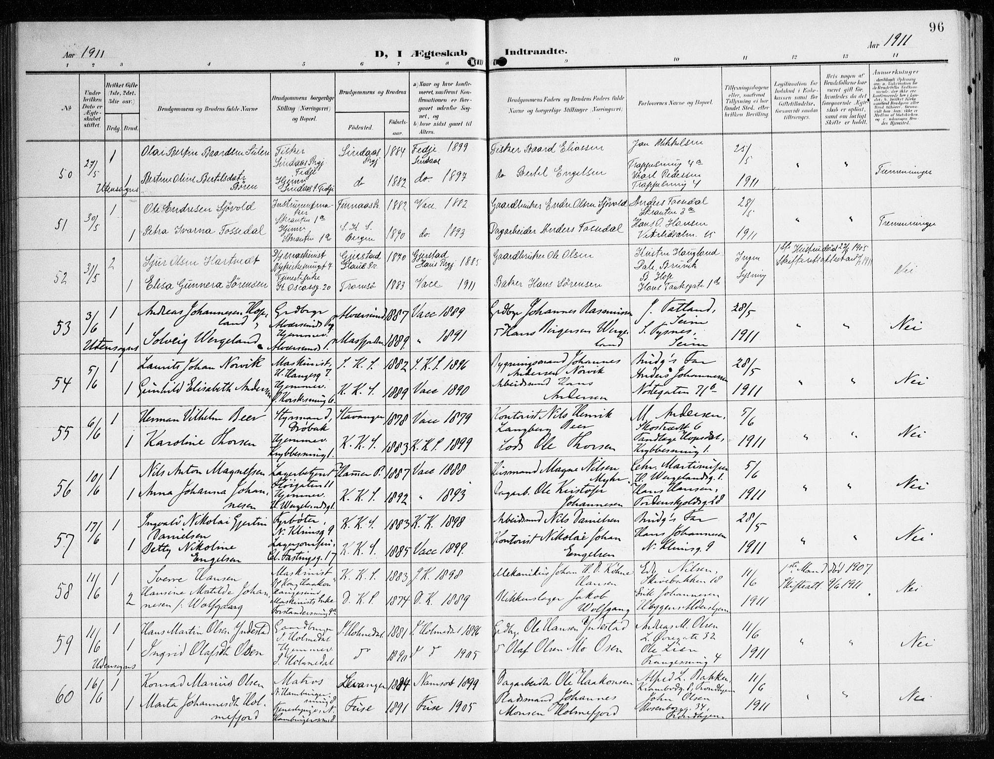 Korskirken sokneprestembete, AV/SAB-A-76101/H/Haa/L0038: Parish register (official) no. D 5, 1904-1919, p. 96