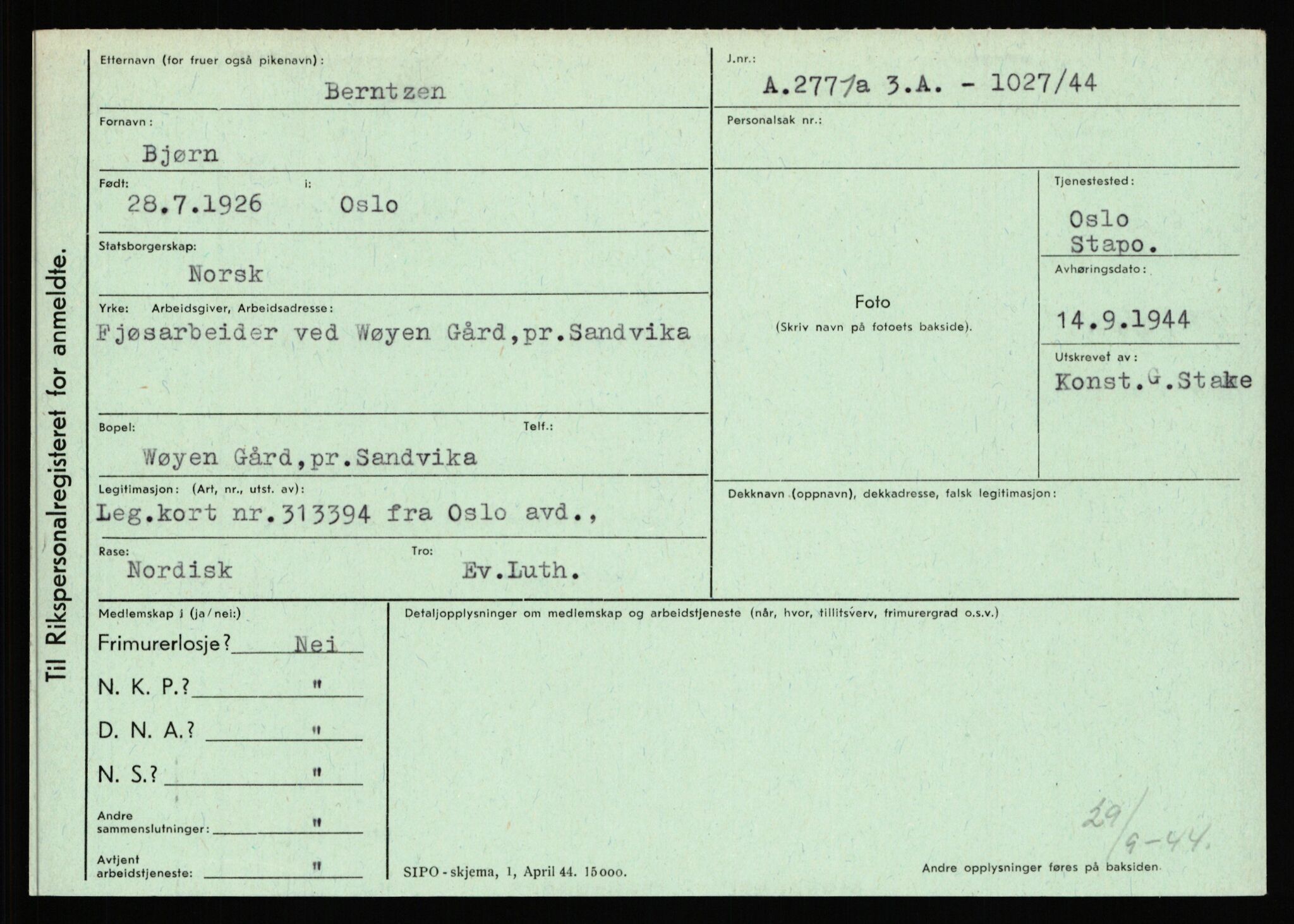 Statspolitiet - Hovedkontoret / Osloavdelingen, AV/RA-S-1329/C/Ca/L0002: Arneberg - Brand, 1943-1945, p. 2993