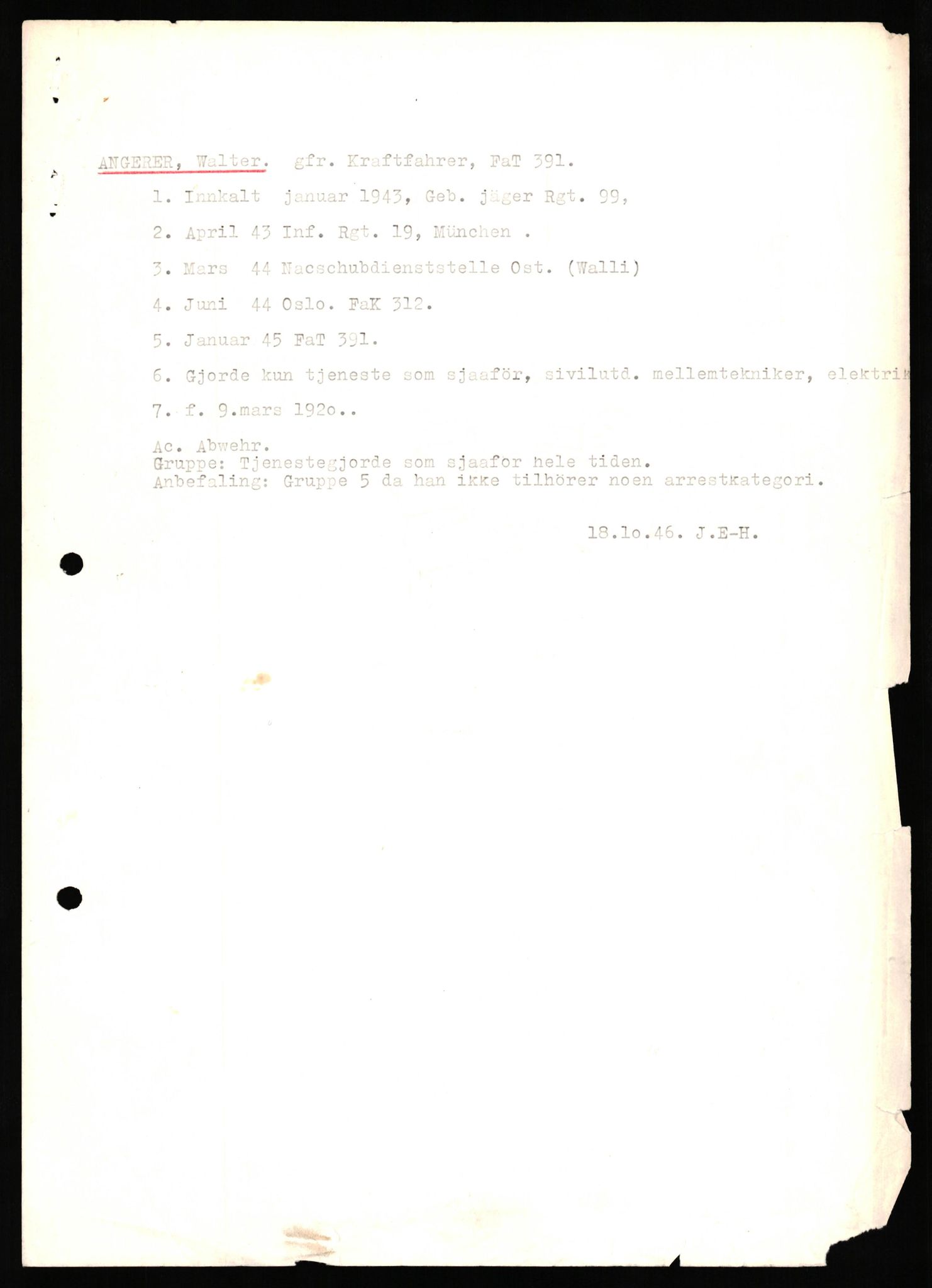 Forsvaret, Forsvarets overkommando II, RA/RAFA-3915/D/Db/L0038: CI Questionaires. Tyske okkupasjonsstyrker i Norge. Østerrikere., 1945-1946, p. 26