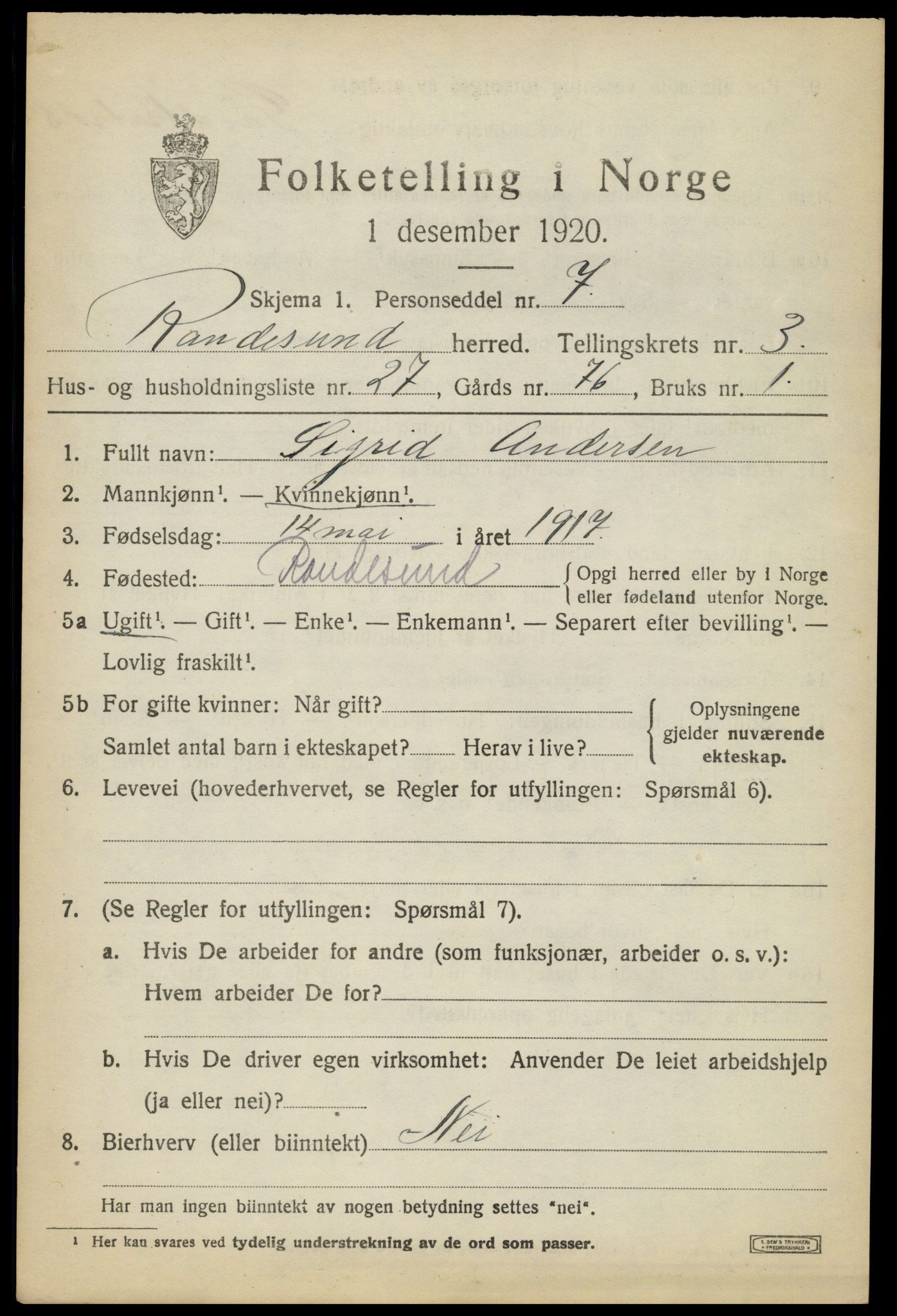 SAK, 1920 census for Randesund, 1920, p. 1770