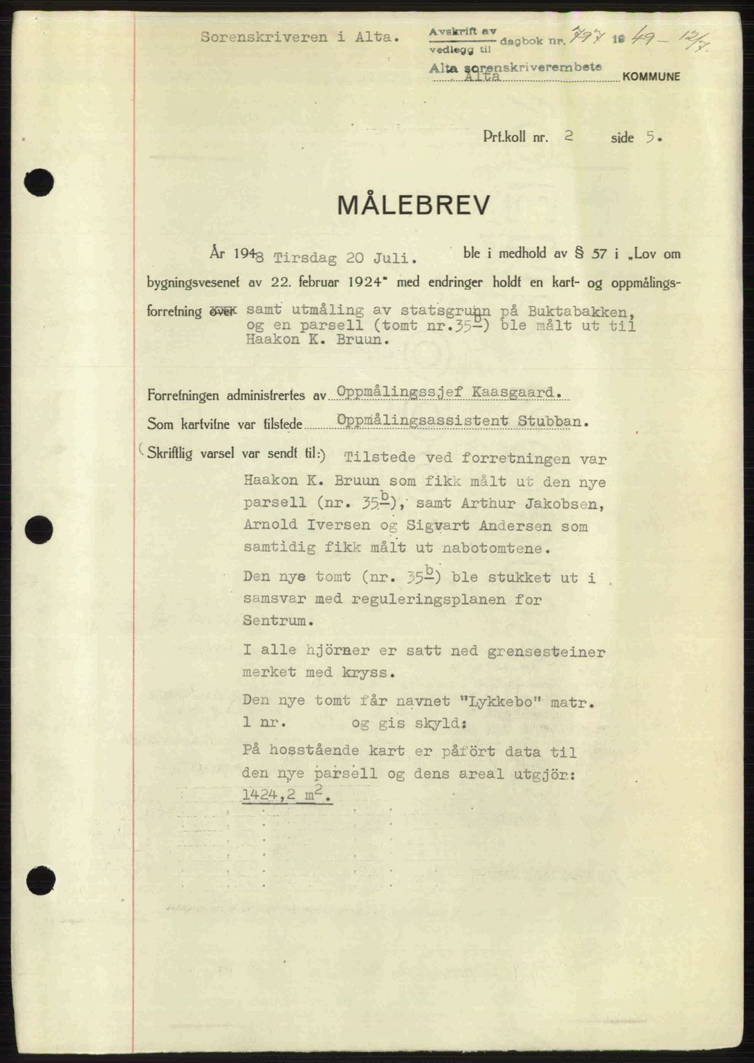 Alta fogderi/sorenskriveri, SATØ/SATØ-5/1/K/Kd/L0037pantebok: Mortgage book no. 39-40, 1948-1949, Diary no: : 797/1949