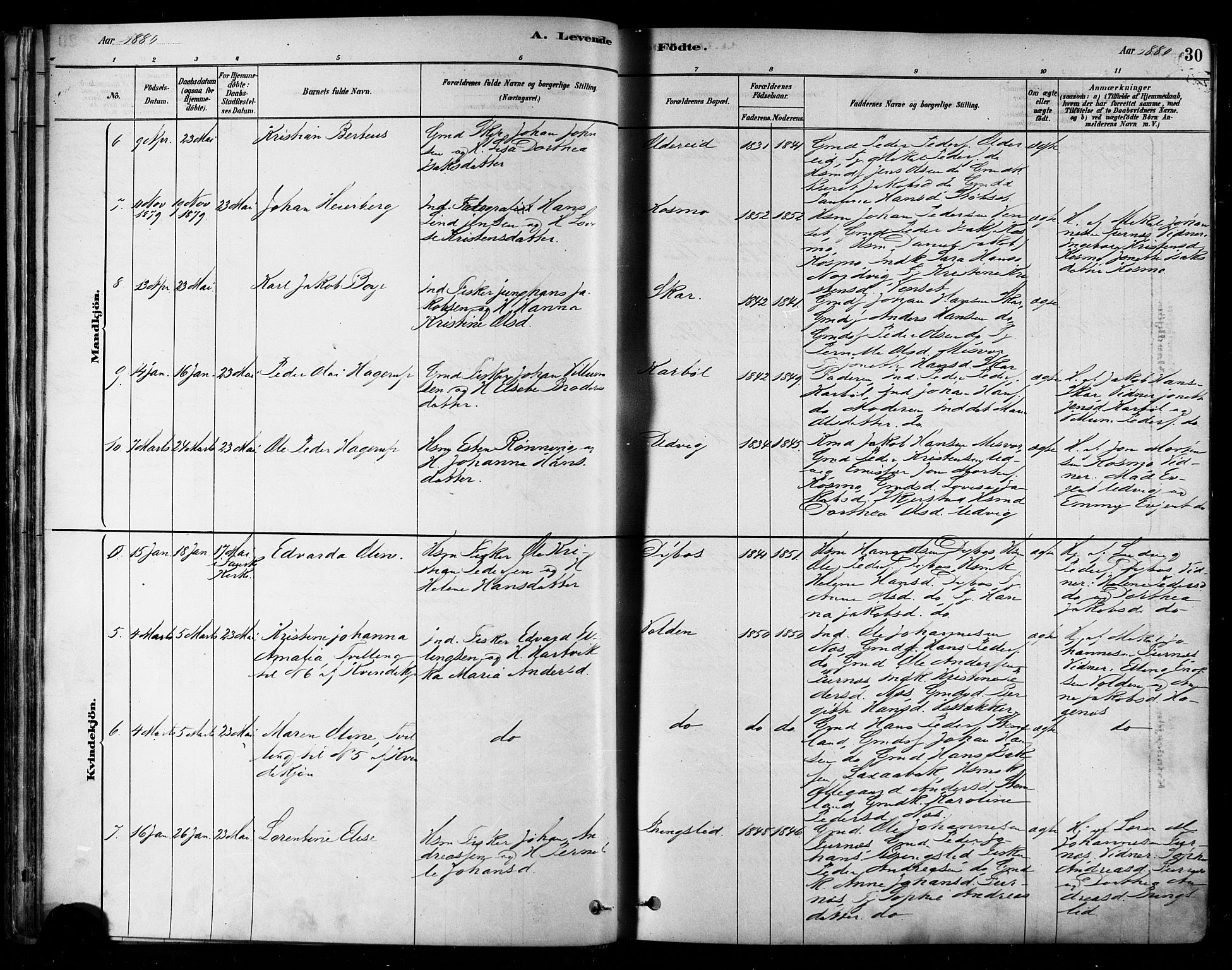 Ministerialprotokoller, klokkerbøker og fødselsregistre - Nordland, SAT/A-1459/852/L0740: Parish register (official) no. 852A10, 1878-1894, p. 30