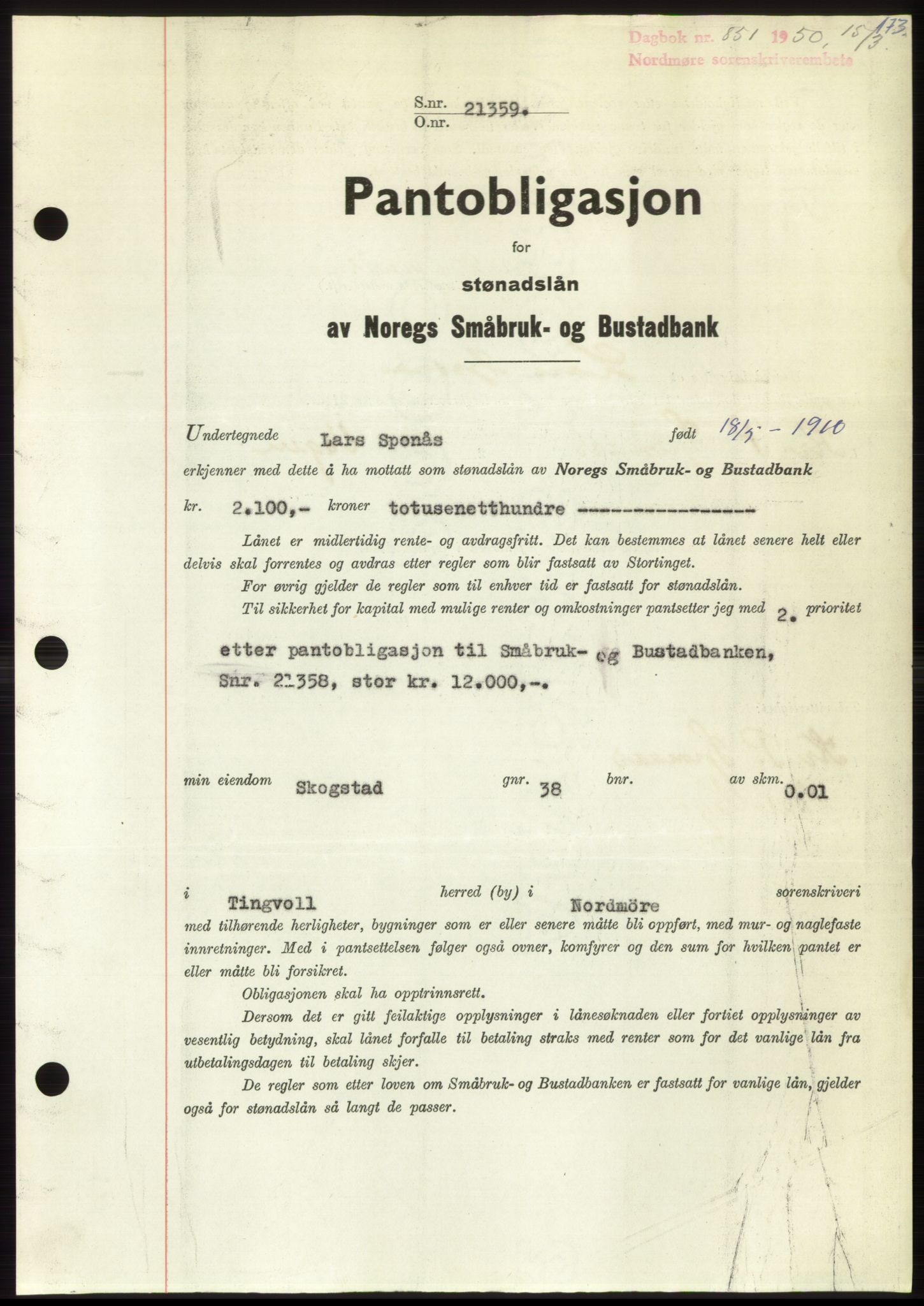 Nordmøre sorenskriveri, AV/SAT-A-4132/1/2/2Ca: Mortgage book no. B104, 1950-1950, Diary no: : 851/1950