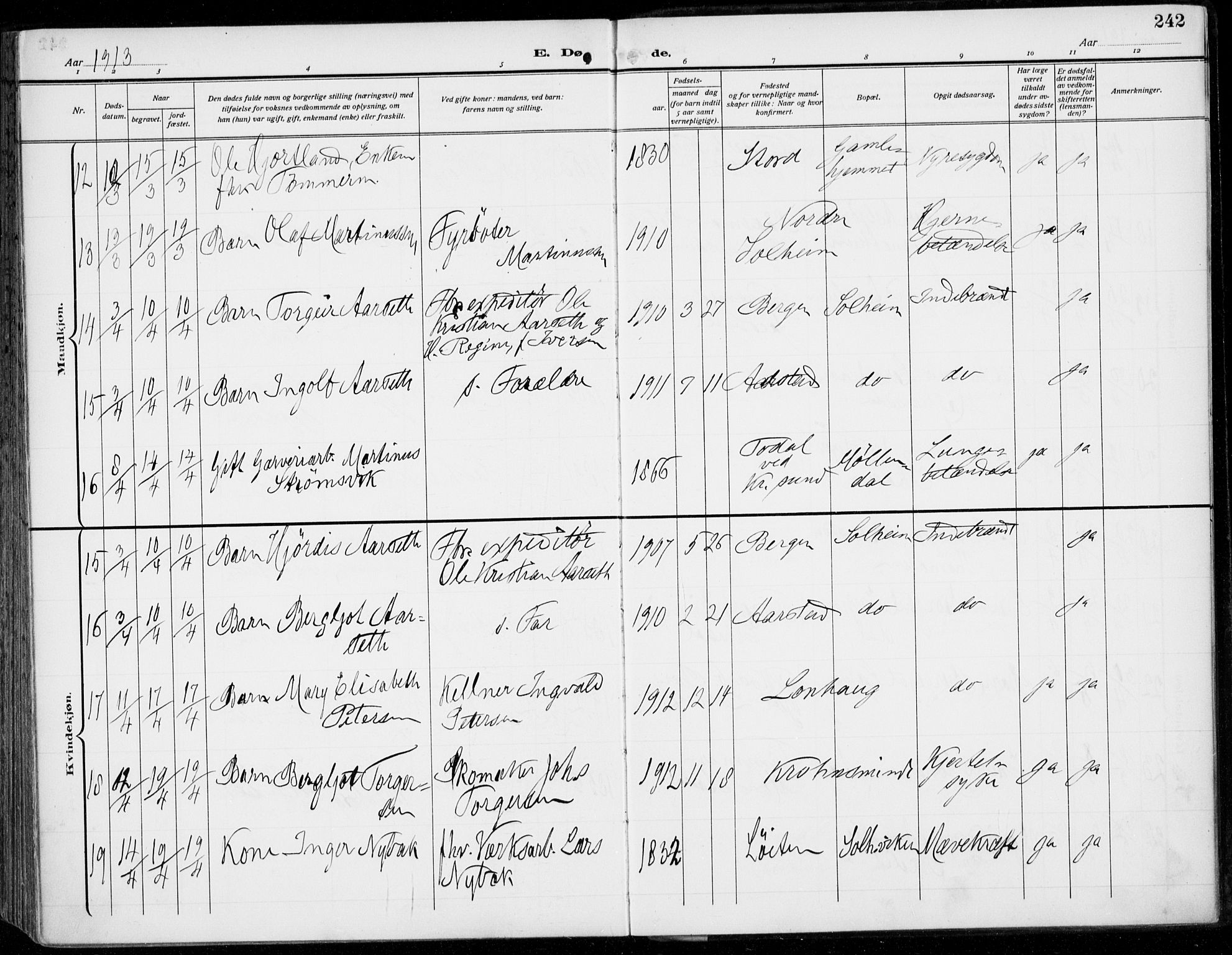 Årstad Sokneprestembete, AV/SAB-A-79301/H/Haa/L0009: Parish register (official) no. C 1, 1902-1918, p. 242