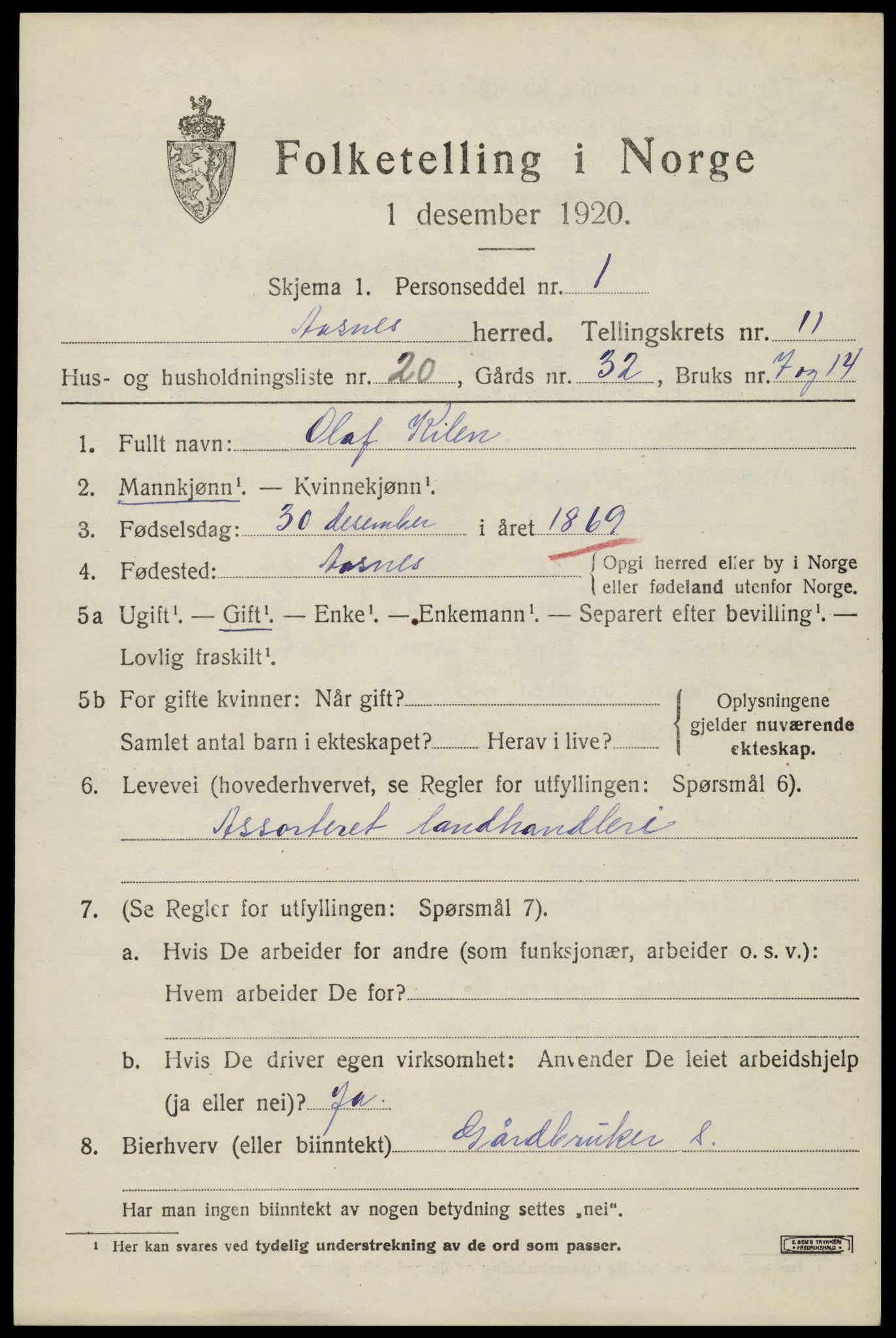 SAH, 1920 census for Åsnes, 1920, p. 11722