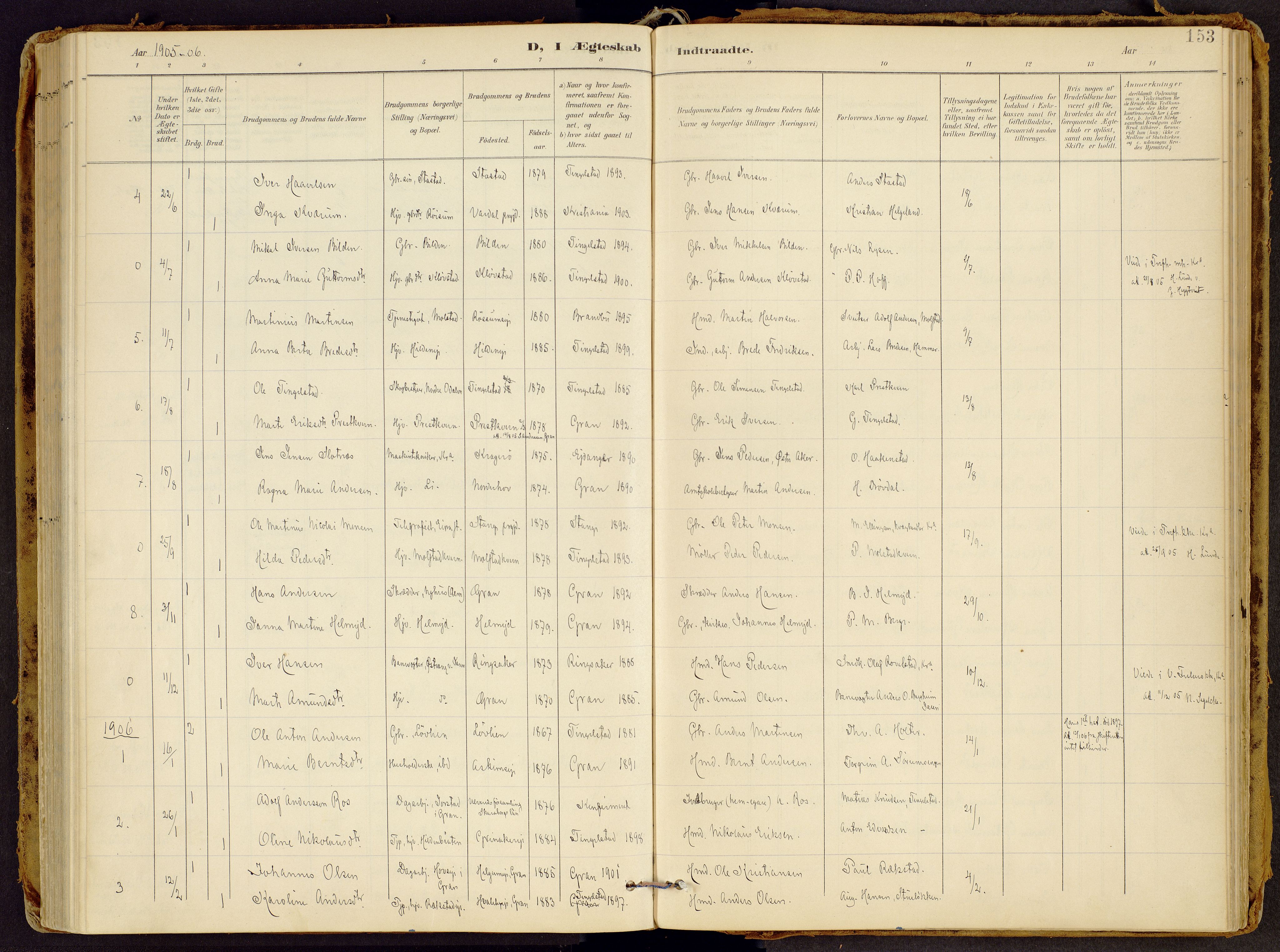 Brandbu prestekontor, SAH/PREST-114/H/Ha/Haa/L0002: Parish register (official) no. 2, 1899-1914, p. 153