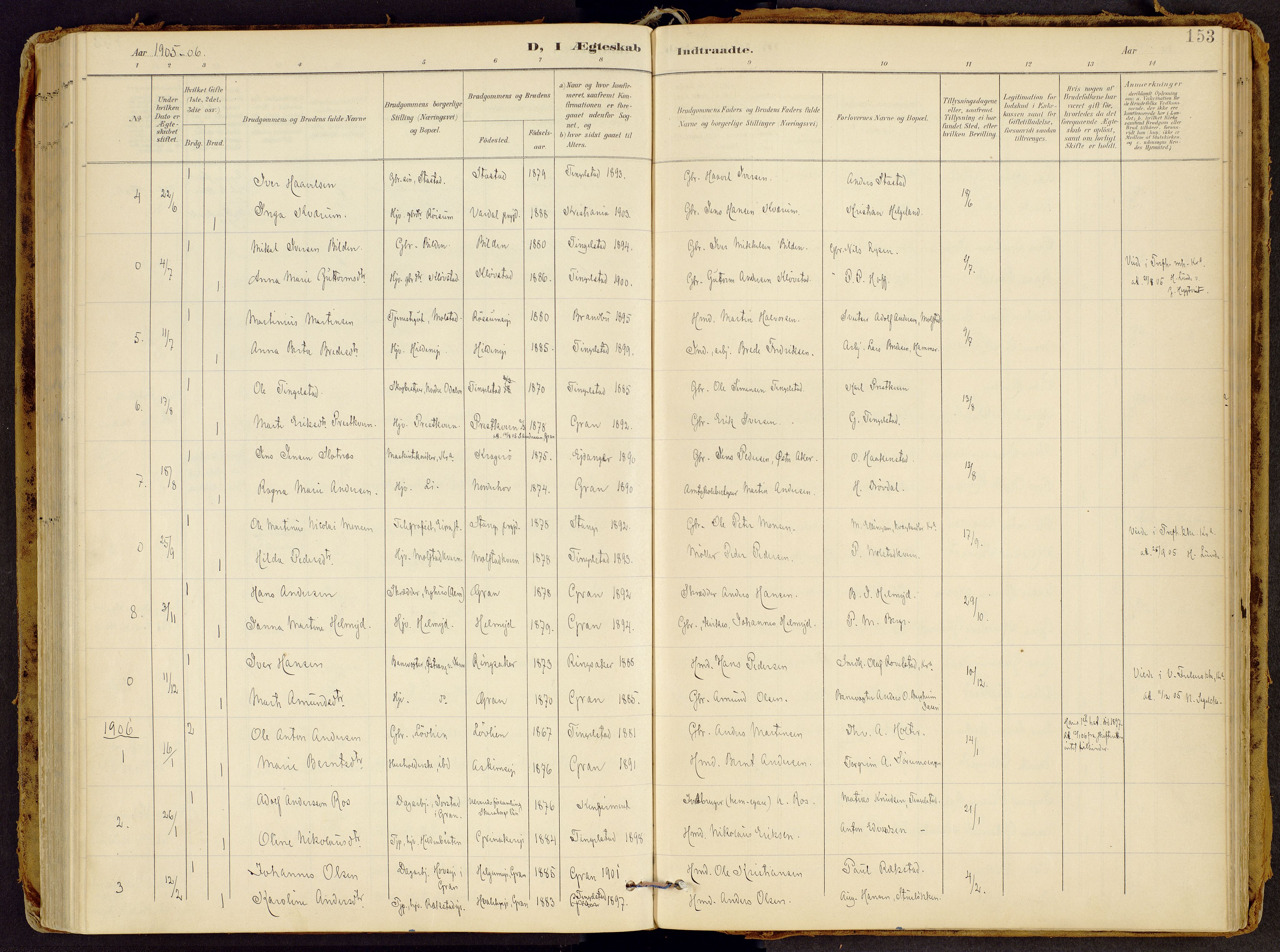 Brandbu prestekontor, AV/SAH-PREST-114/H/Ha/Haa/L0002: Parish register (official) no. 2, 1899-1914, p. 153