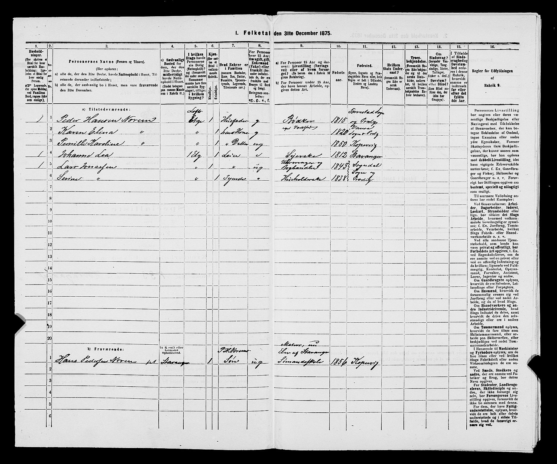 SAST, 1875 census for 1105B Avaldsnes/Kopervik, 1875, p. 174