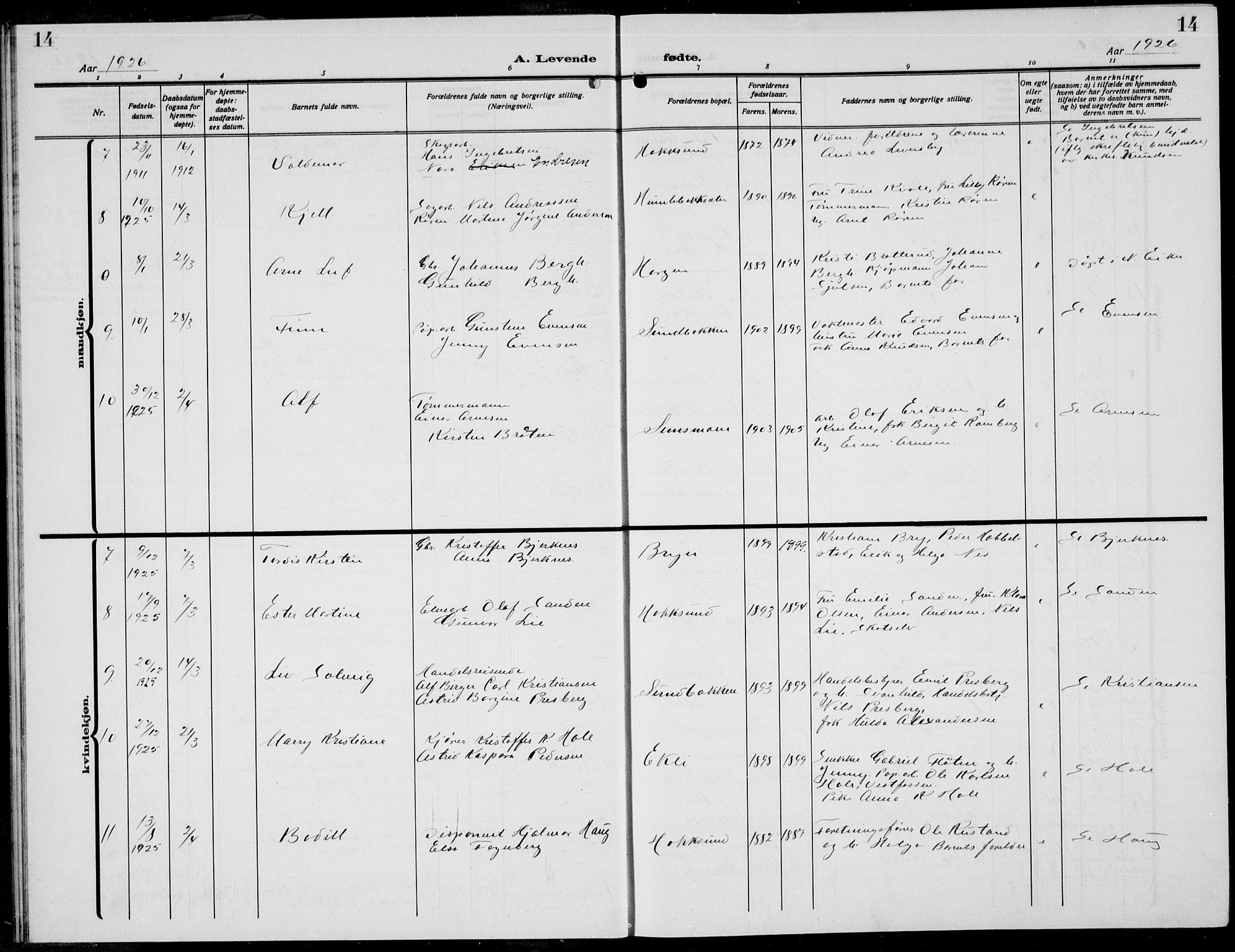 Eiker kirkebøker, AV/SAKO-A-4/G/Ga/L0010: Parish register (copy) no. I 10, 1925-1934, p. 14