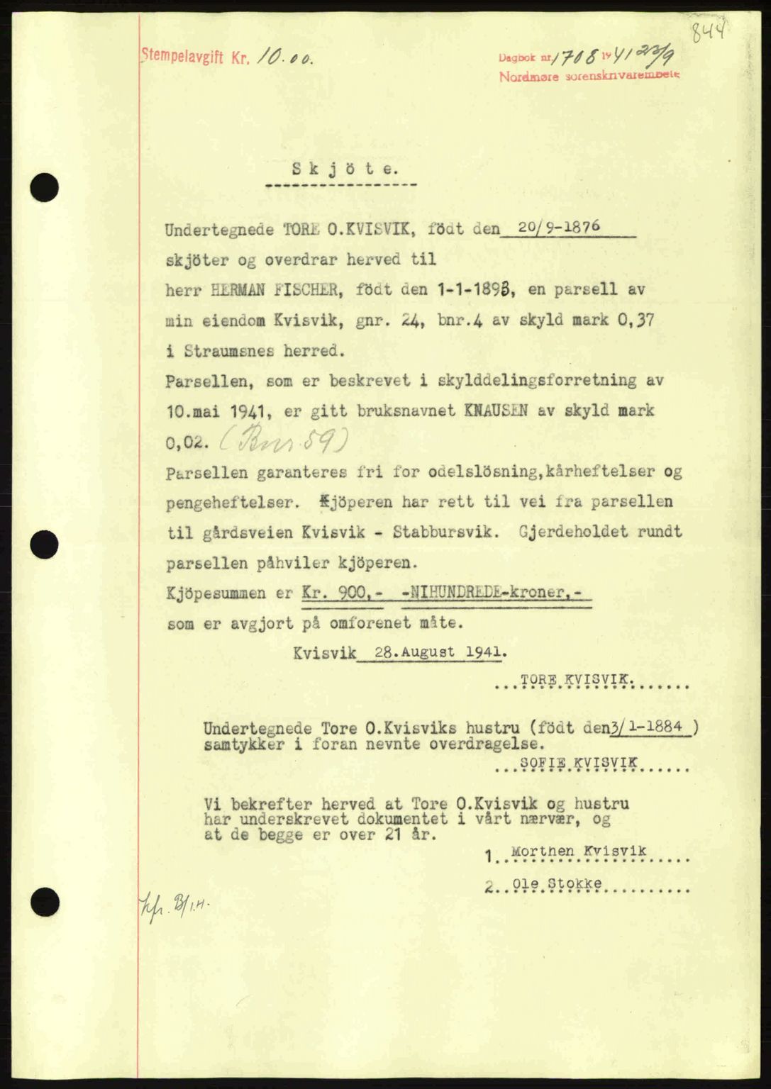 Nordmøre sorenskriveri, SAT/A-4132/1/2/2Ca: Mortgage book no. A90, 1941-1941, Diary no: : 1708/1941