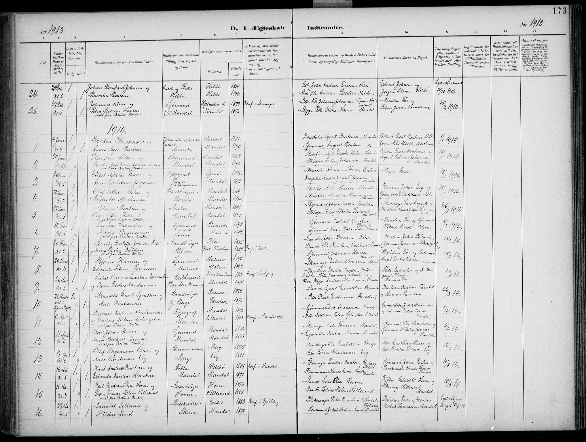 Mandal sokneprestkontor, AV/SAK-1111-0030/F/Fb/Fba/L0012: Parish register (copy) no. B 6, 1899-1918, p. 173