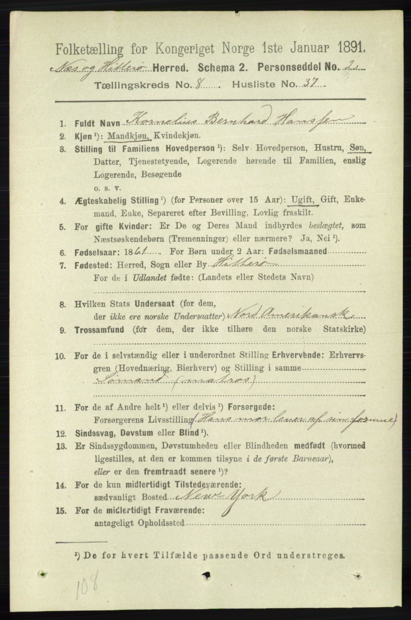 RA, 1891 census for 1043 Hidra og Nes, 1891, p. 3513