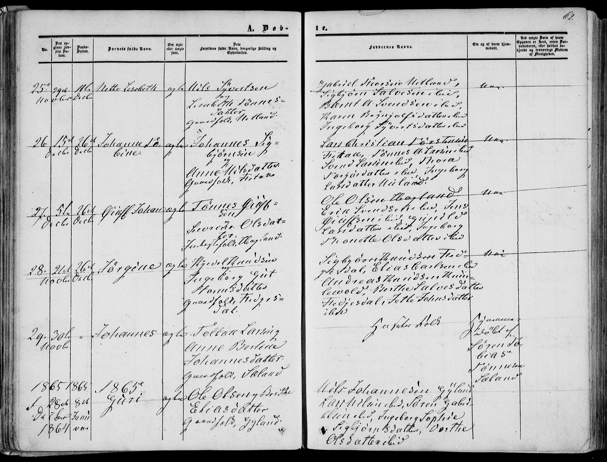 Bakke sokneprestkontor, SAK/1111-0002/F/Fa/Fab/L0002: Parish register (official) no. A 2, 1855-1884, p. 62