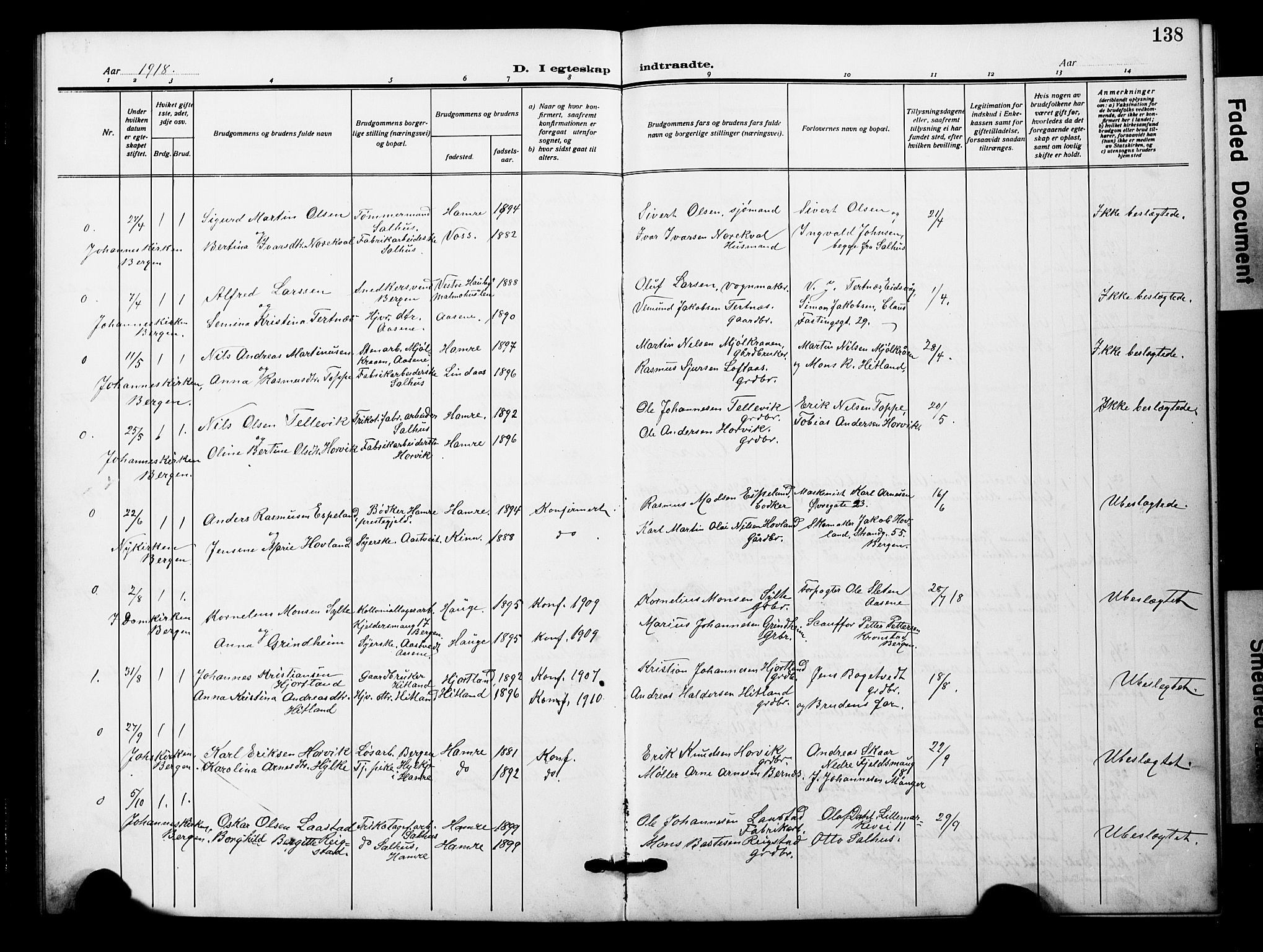 Åsane sokneprestembete, SAB/A-79401/H/Hab: Parish register (copy) no. A 4, 1915-1927, p. 138