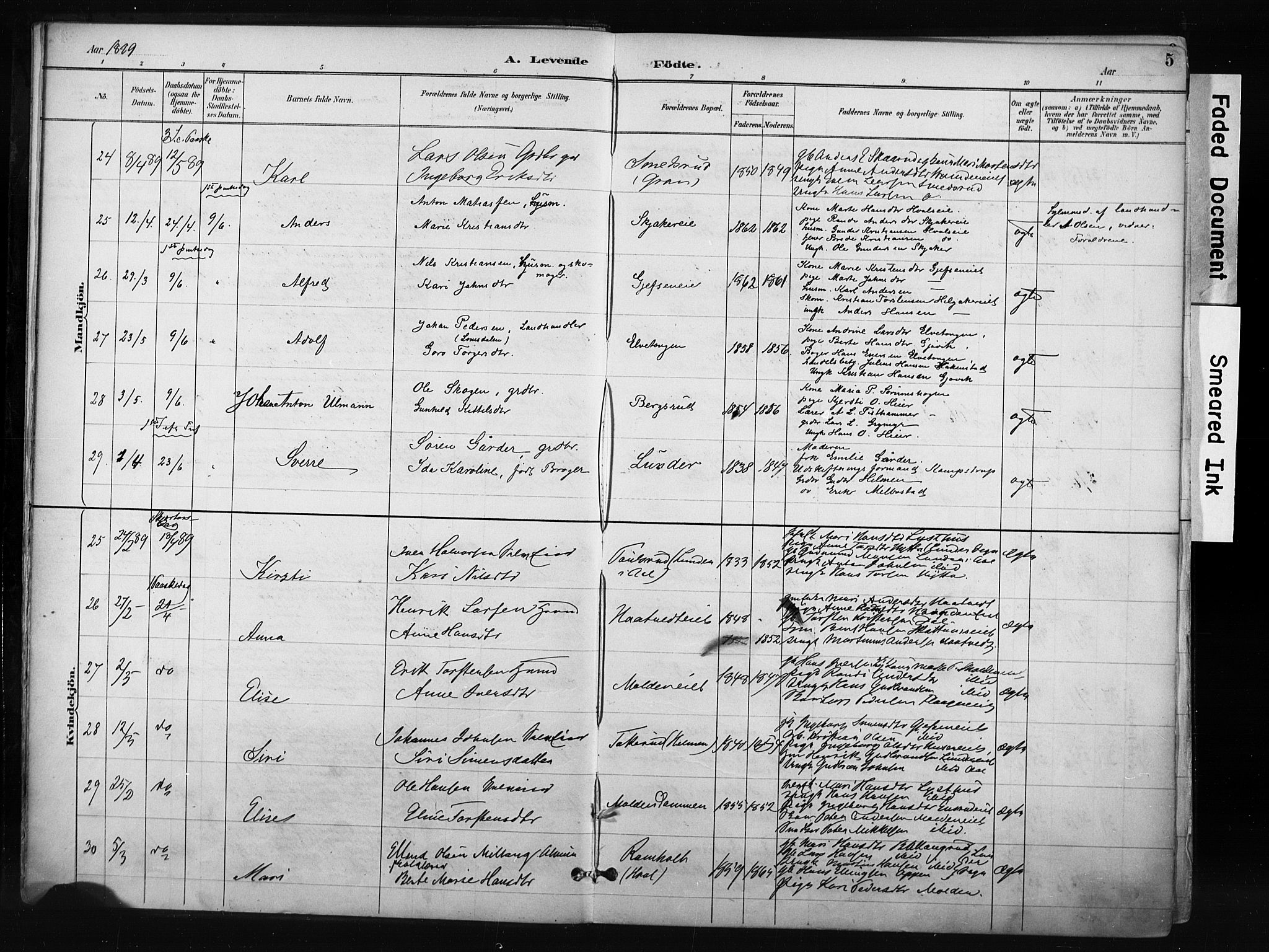 Gran prestekontor, AV/SAH-PREST-112/H/Ha/Haa/L0017: Parish register (official) no. 17, 1889-1897, p. 5