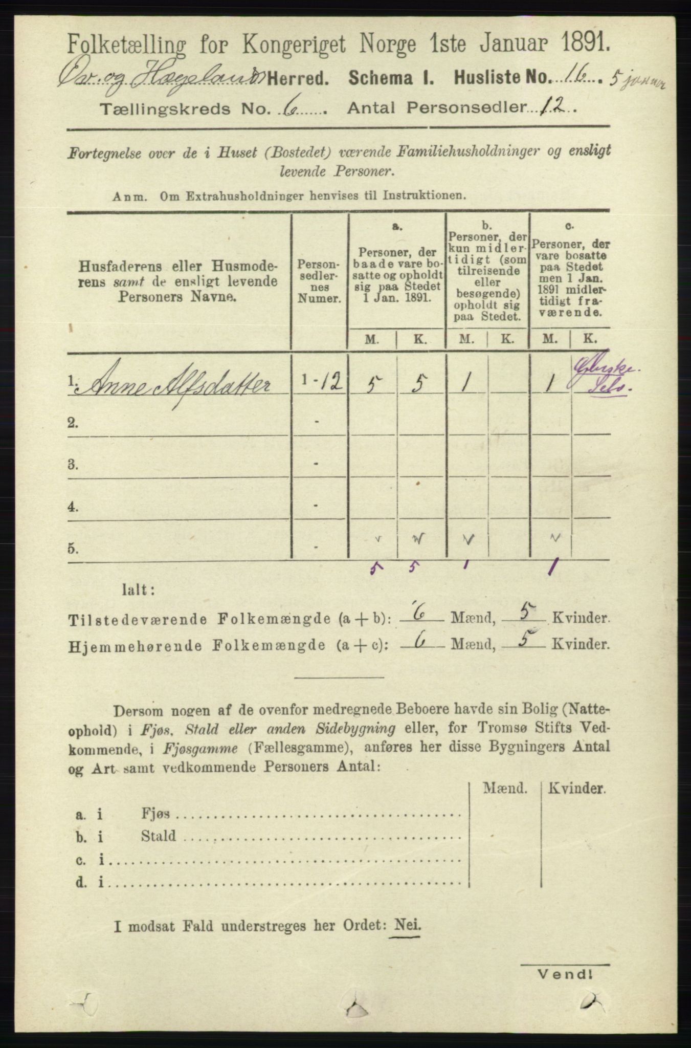 RA, 1891 census for 1016 Øvrebø og Hægeland, 1891, p. 1162