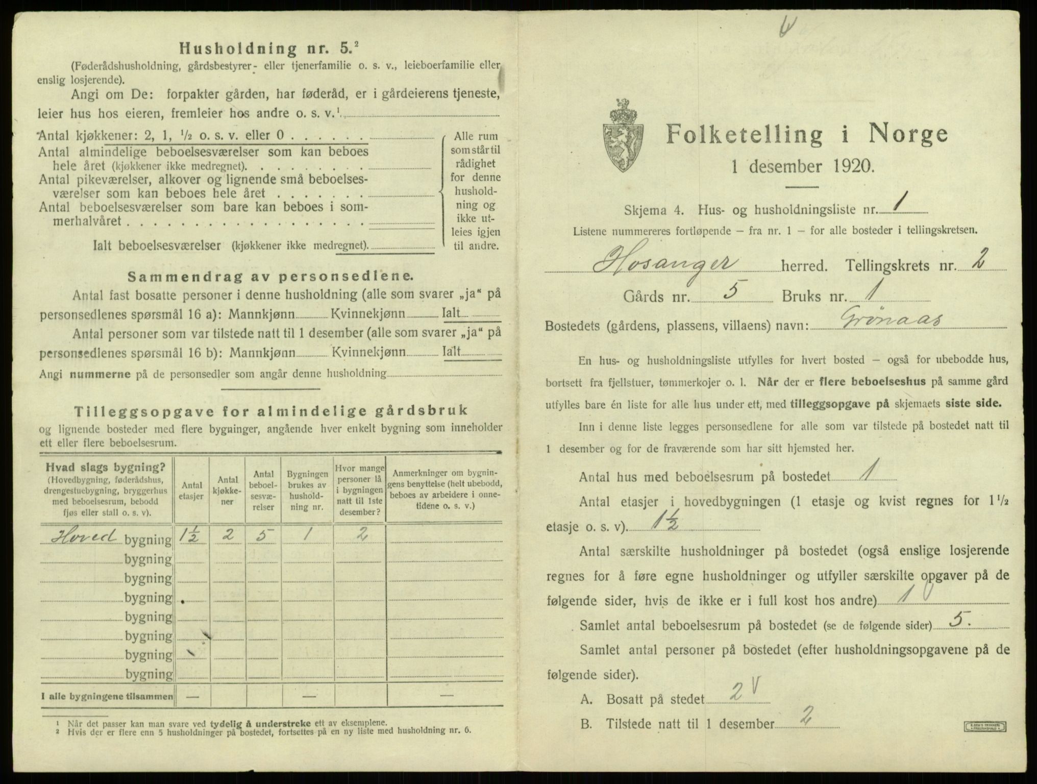 SAB, 1920 census for Hosanger, 1920, p. 98