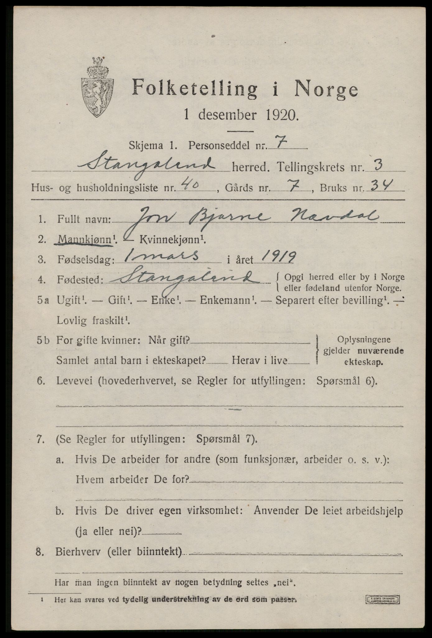 SAST, 1920 census for Stangaland, 1920, p. 2799