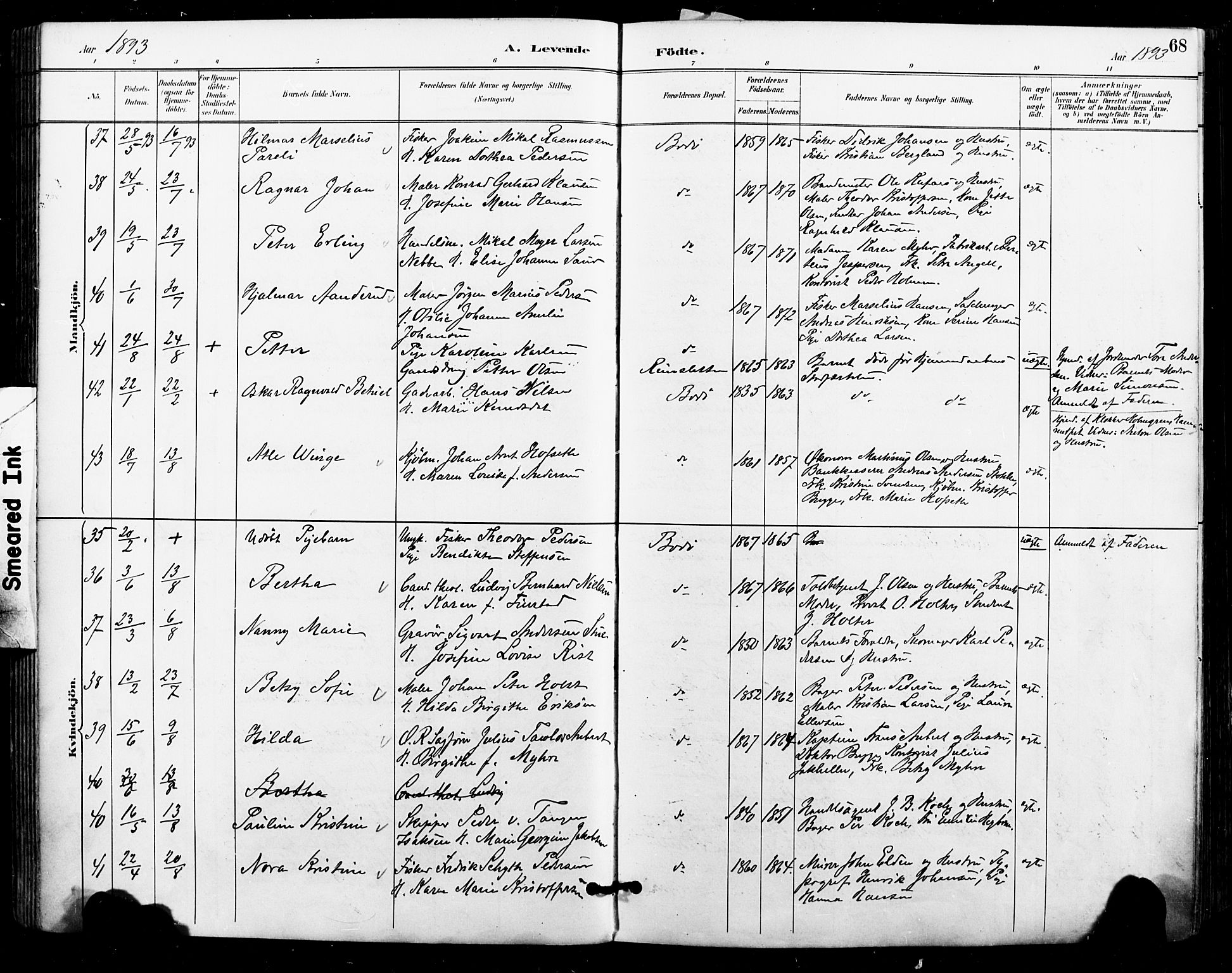 Ministerialprotokoller, klokkerbøker og fødselsregistre - Nordland, AV/SAT-A-1459/801/L0010: Parish register (official) no. 801A10, 1888-1899, p. 68