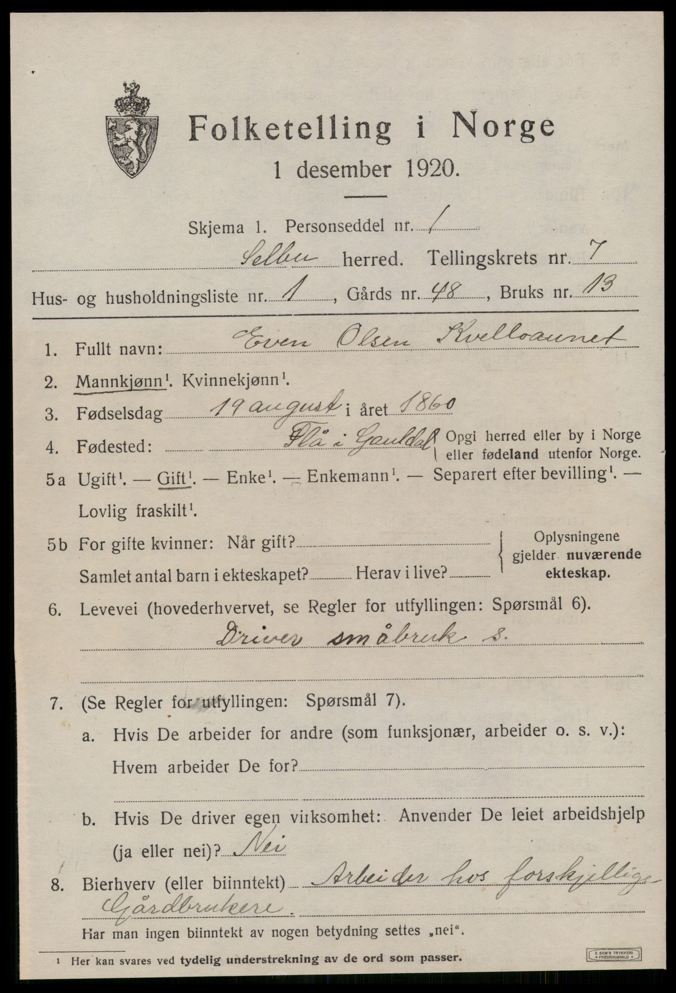 SAT, 1920 census for Selbu, 1920, p. 3884