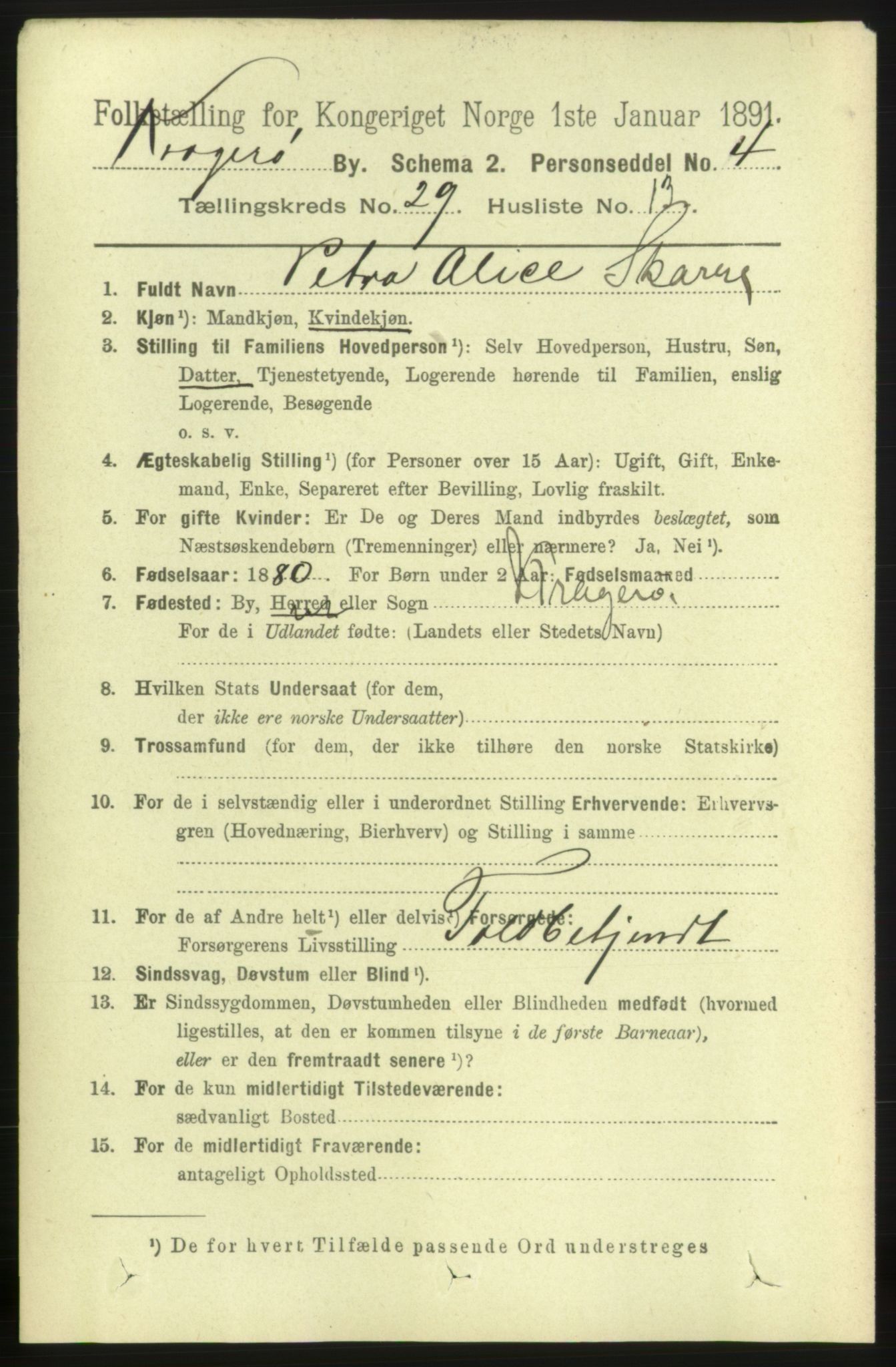 RA, 1891 census for 0801 Kragerø, 1891, p. 5551