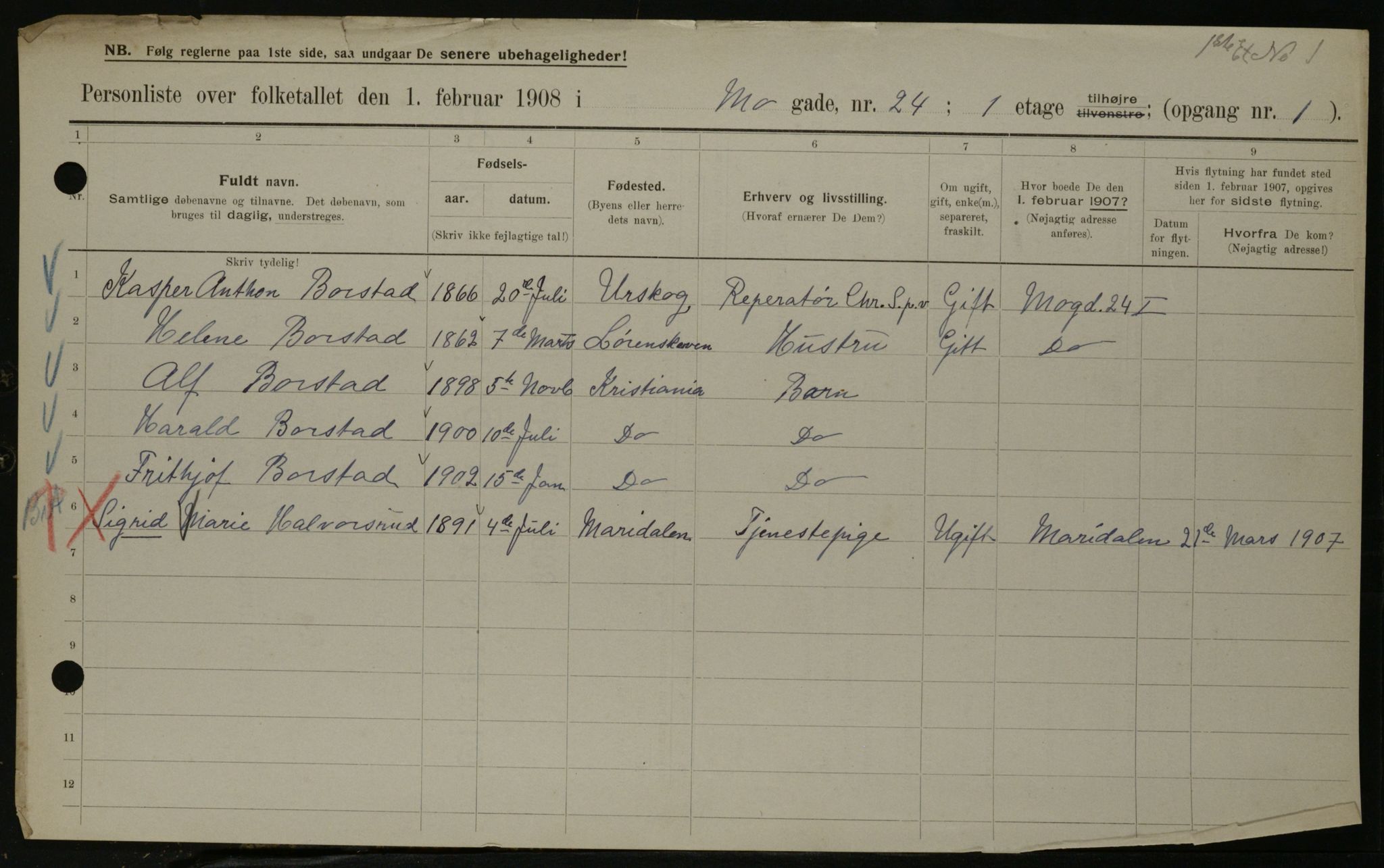 OBA, Municipal Census 1908 for Kristiania, 1908, p. 58785