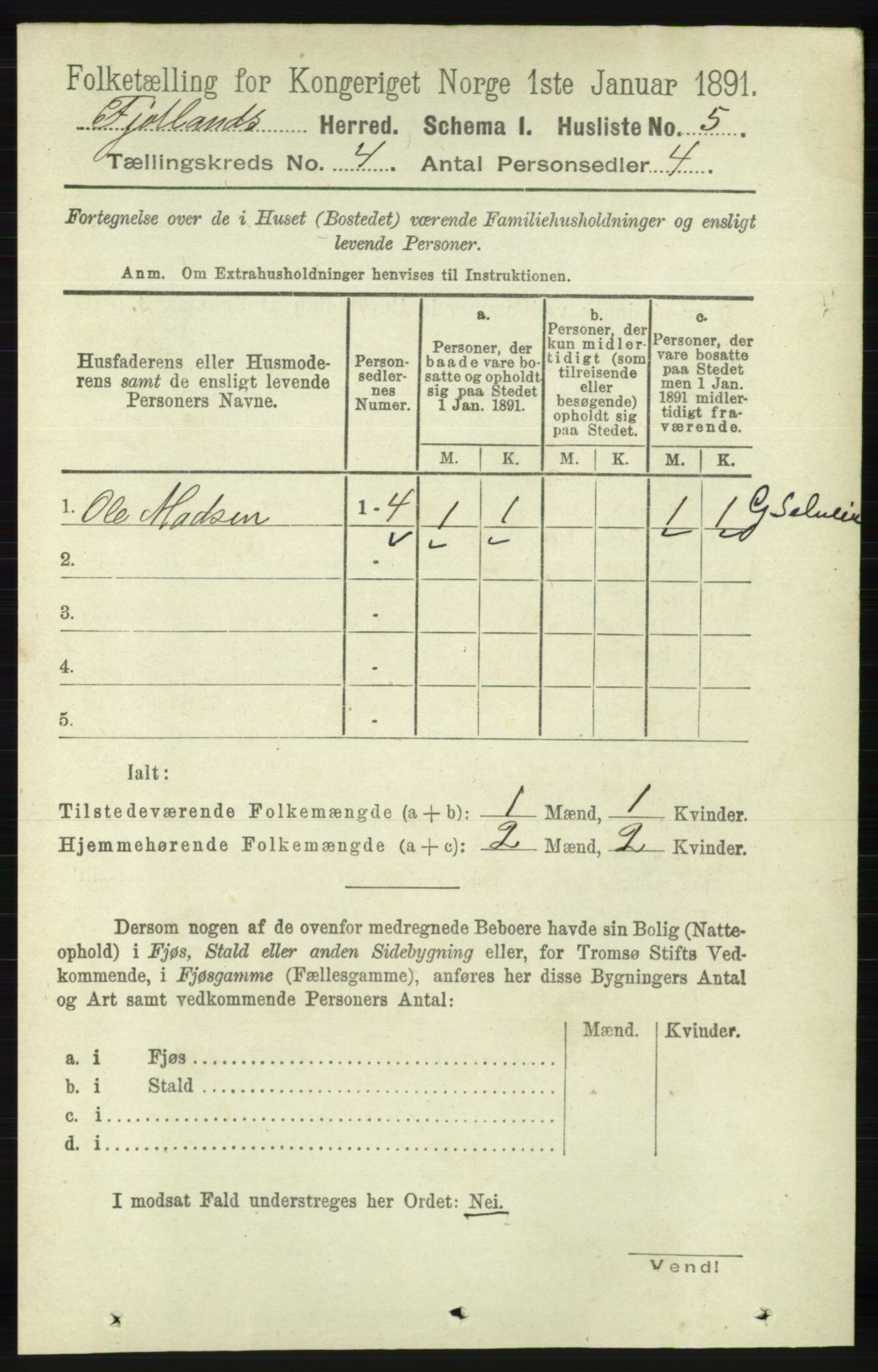 RA, 1891 census for 1036 Fjotland, 1891, p. 504