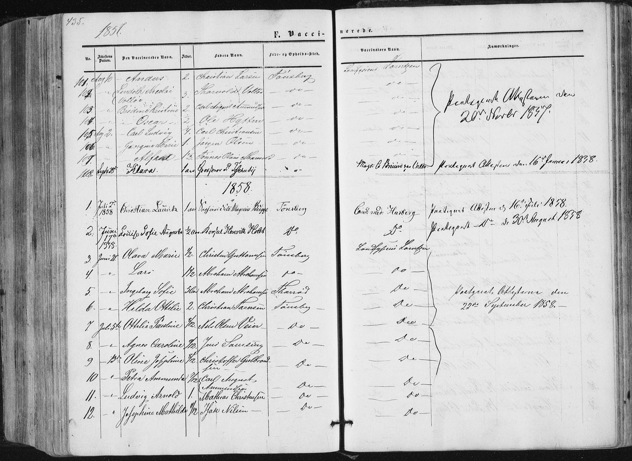 Tønsberg kirkebøker, SAKO/A-330/F/Fa/L0008: Parish register (official) no. I 8, 1855-1864, p. 435