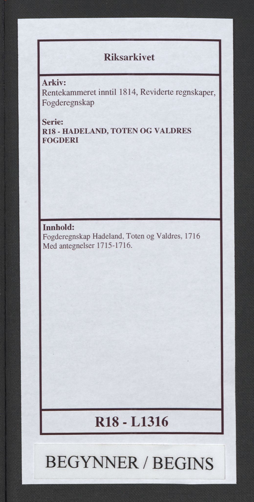 Rentekammeret inntil 1814, Reviderte regnskaper, Fogderegnskap, AV/RA-EA-4092/R18/L1316: Fogderegnskap Hadeland, Toten og Valdres, 1716, p. 1