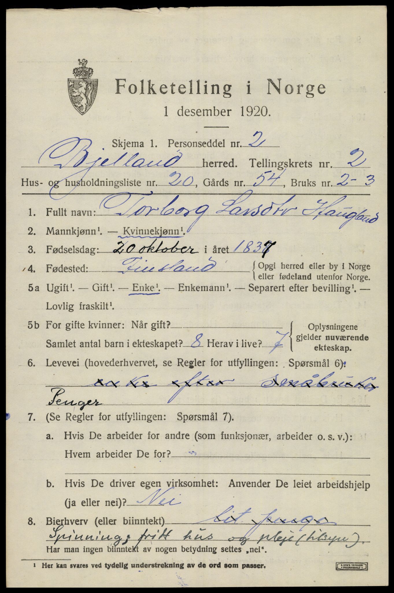 SAK, 1920 census for Bjelland, 1920, p. 947