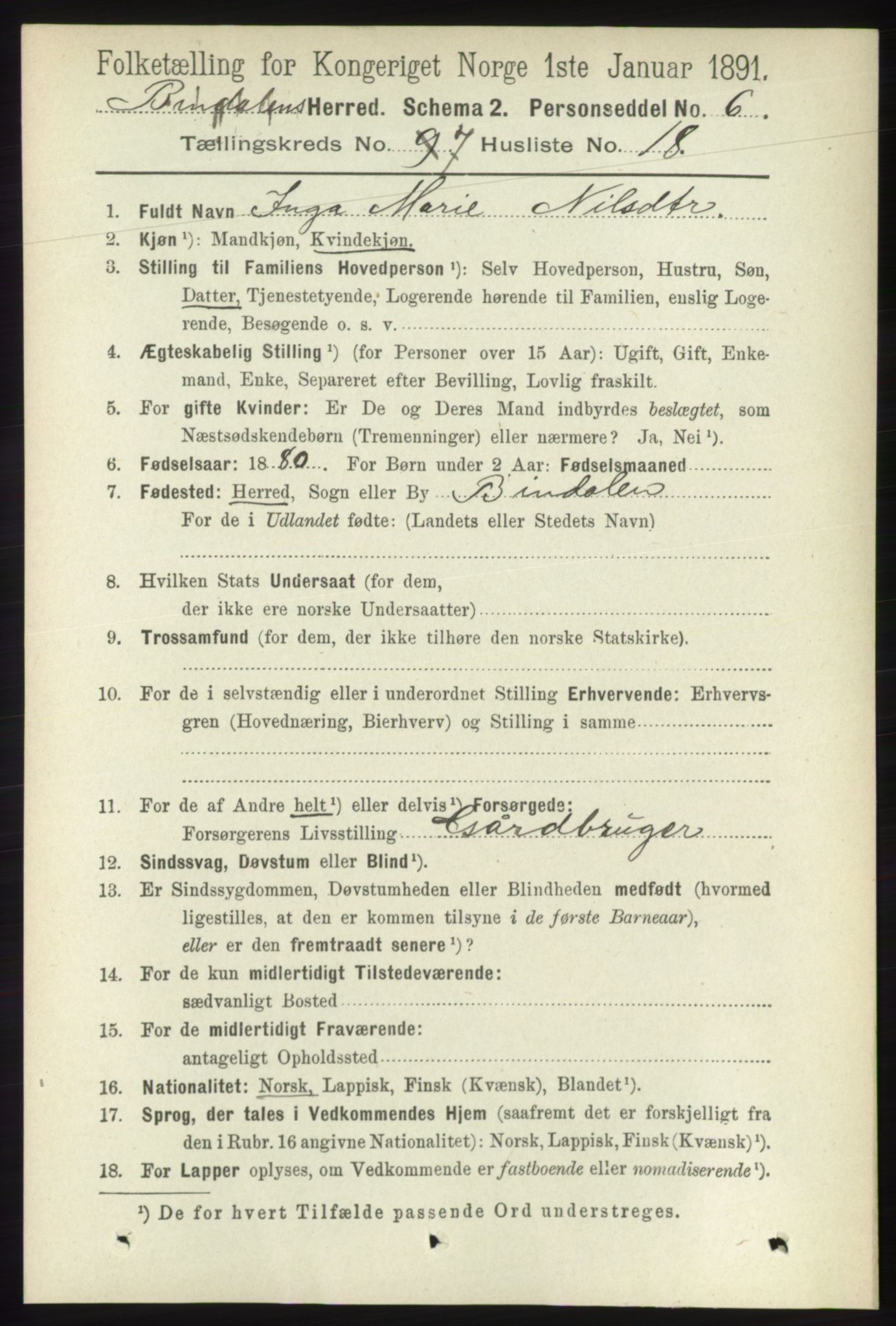 RA, 1891 census for 1811 Bindal, 1891, p. 2364