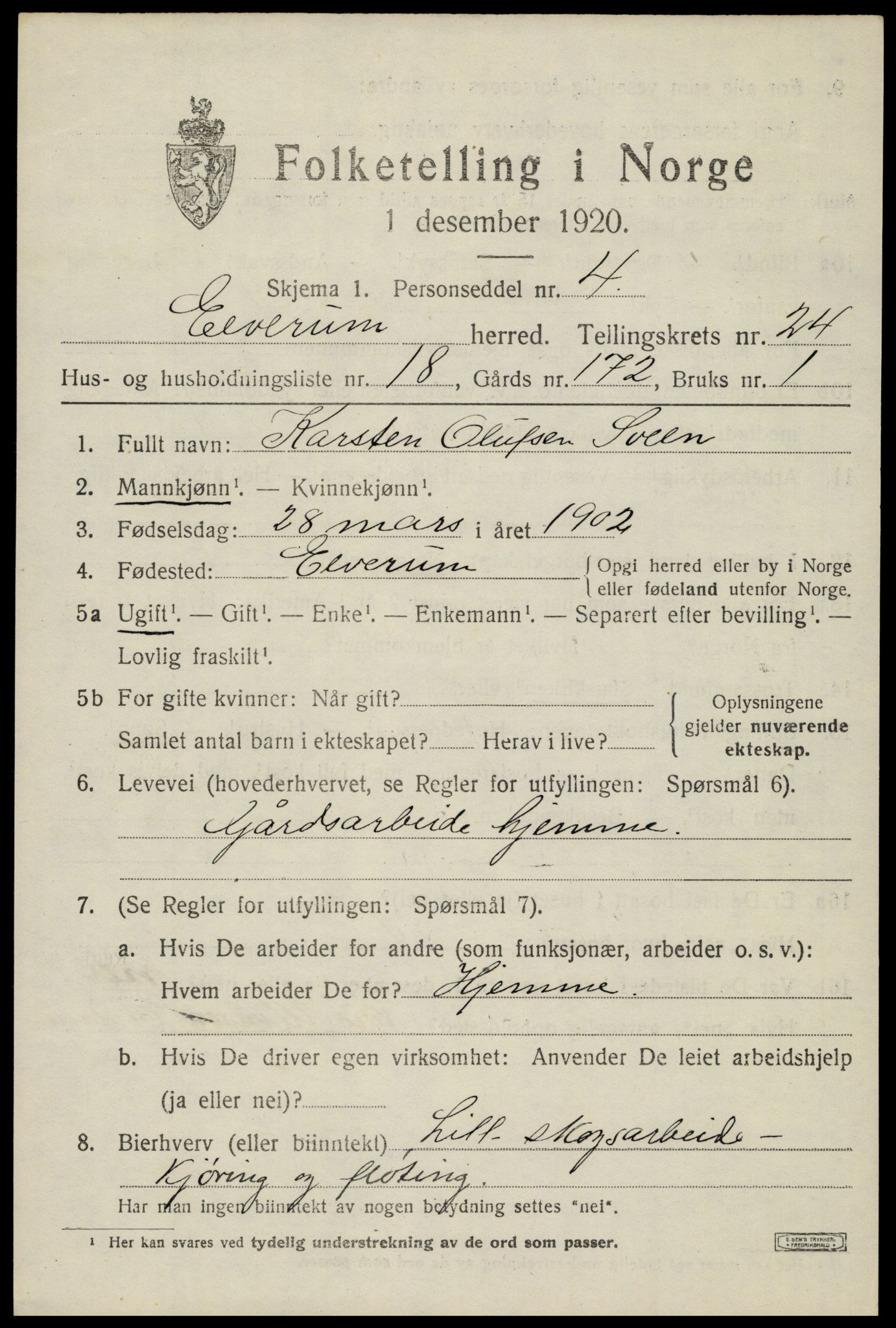 SAH, 1920 census for Elverum, 1920, p. 25720