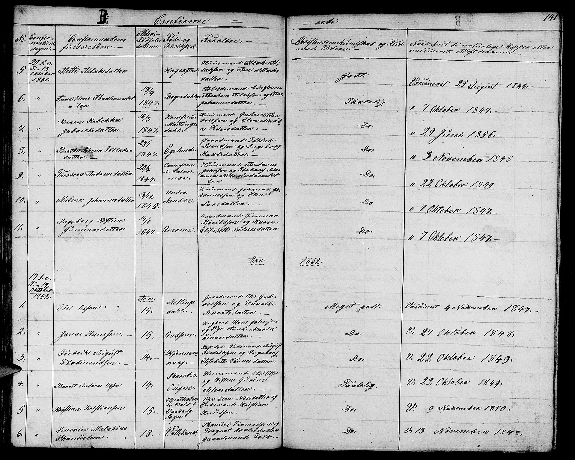 Eigersund sokneprestkontor, SAST/A-101807/S09/L0003: Parish register (copy) no. B 3, 1846-1875, p. 141